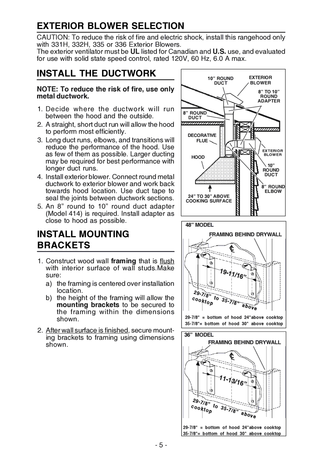 Broan 619004EX manual Exterior Blower Selection, Install the Ductwork, Install Mounting Brackets 