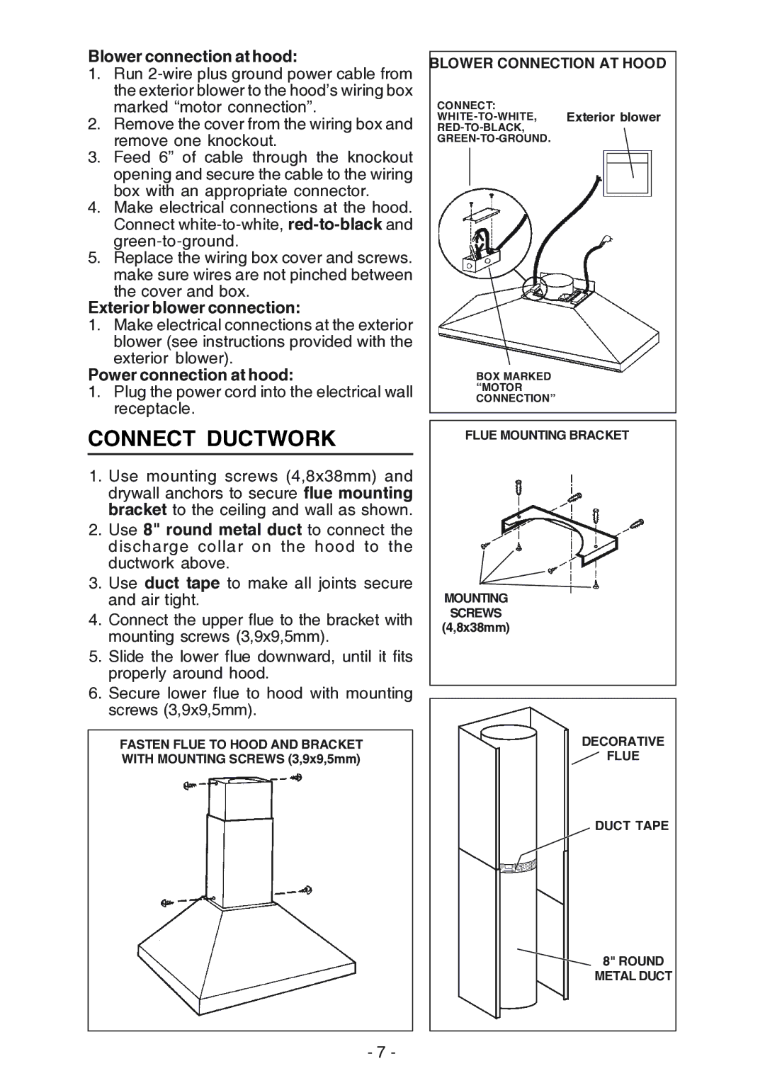 Broan 619004EX manual Connect Ductwork, Blower connection at hood 