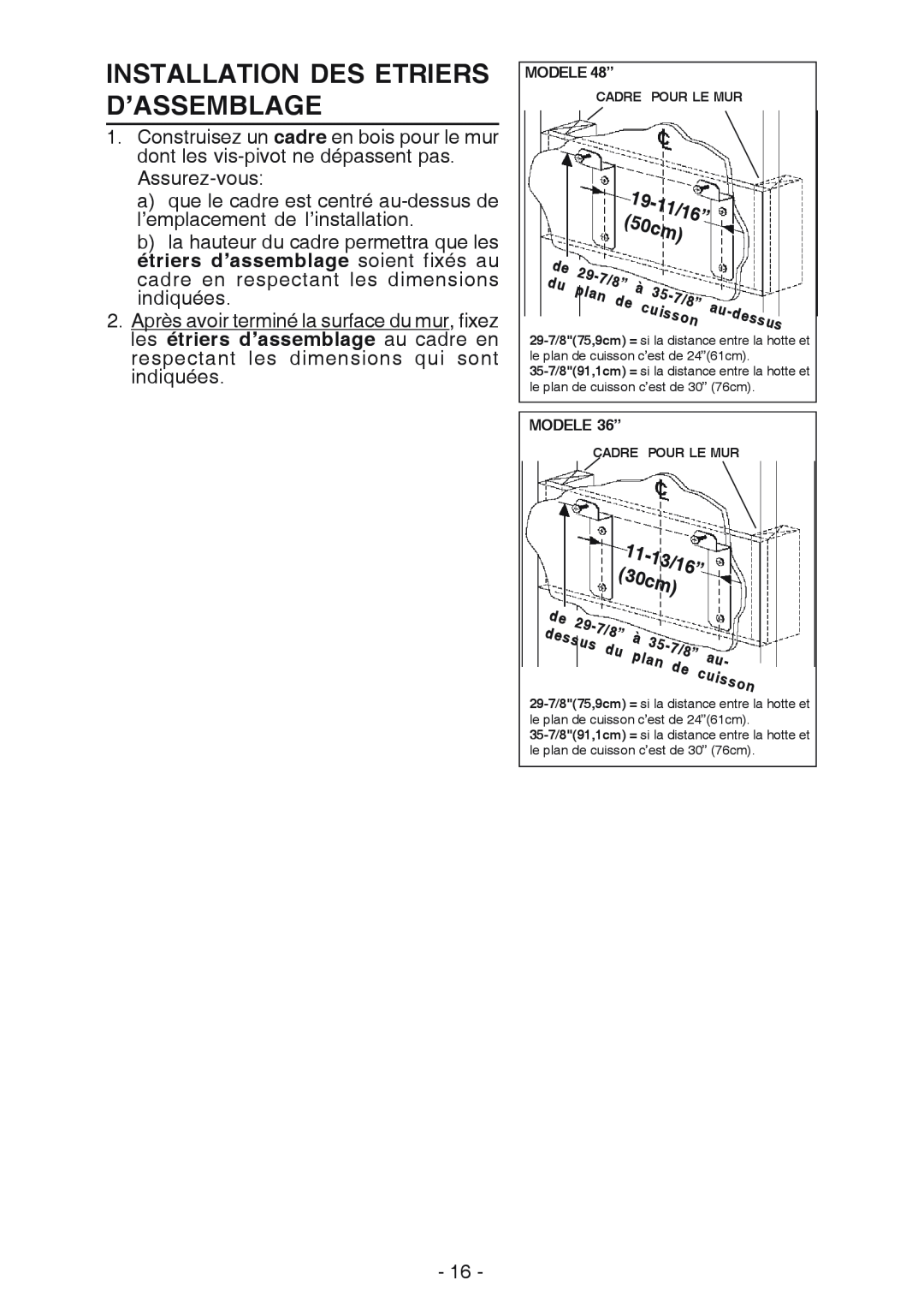 Broan 619004EX manual Installation Des Etriers D’Assemblage, 50cm, 11-13/16”, 30cm 