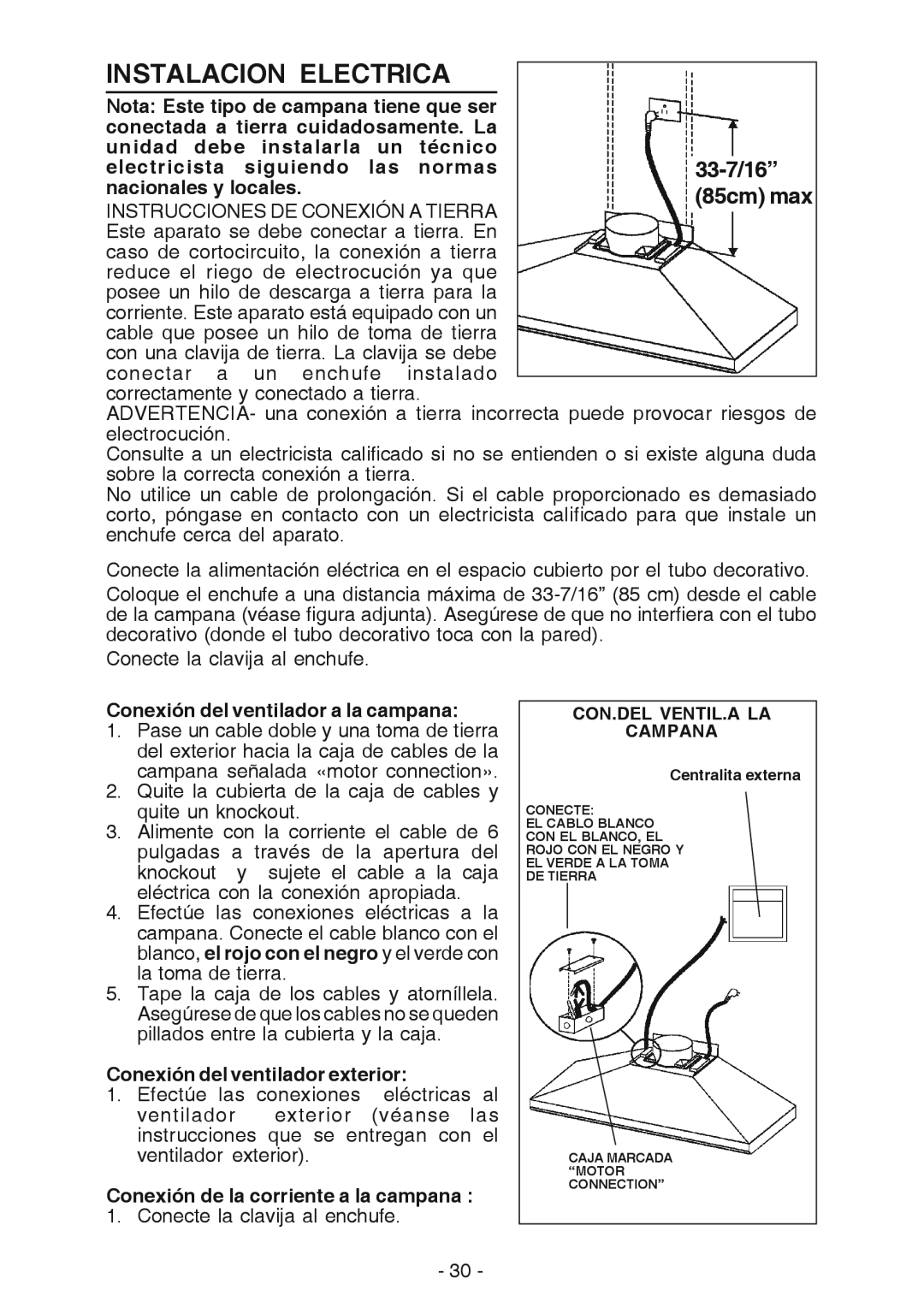 Broan 619004EX manual Instalacion Electrica, Conexión del ventilador a la campana, Conexión del ventilador exterior 