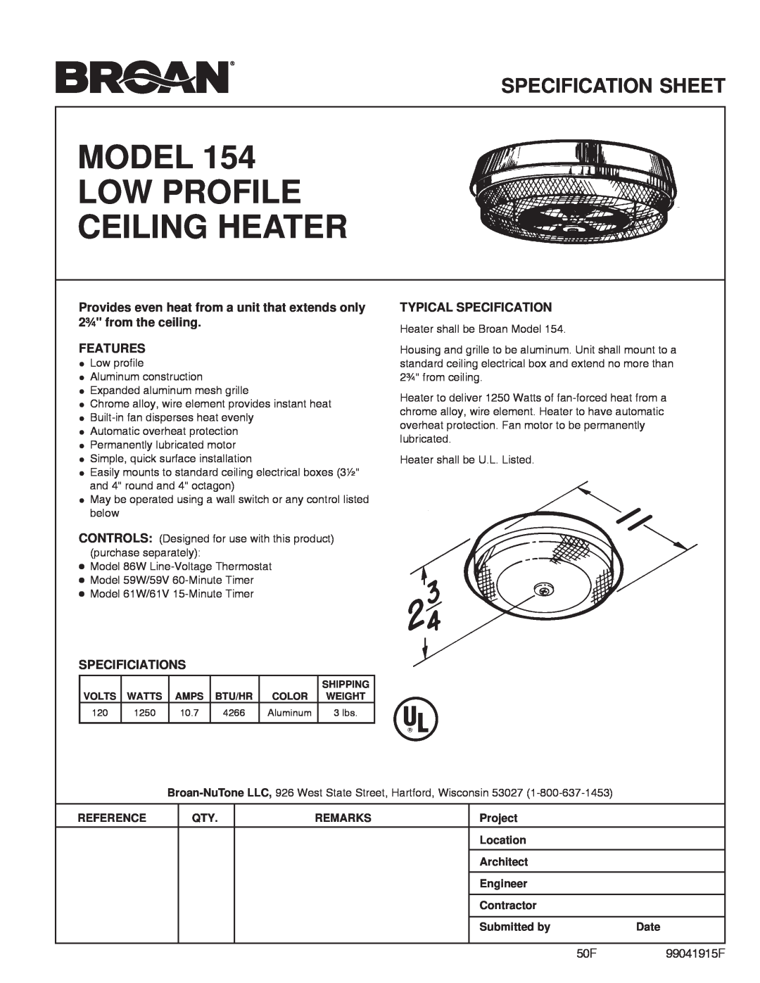 Broan 61V specifications Model Low Profile Ceiling Heater, Specification Sheet, Features, Specificiations, 50F99041915F 