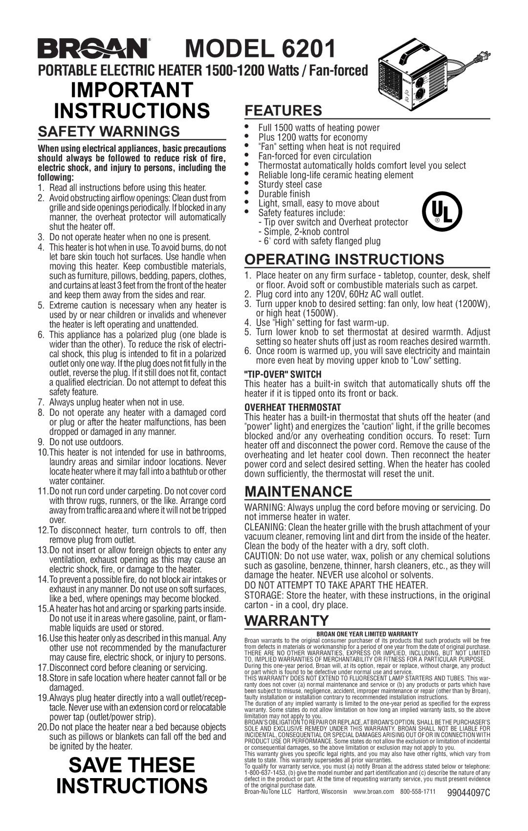 Broan 6201 warranty Important Instructions Features, Save These Instructions 