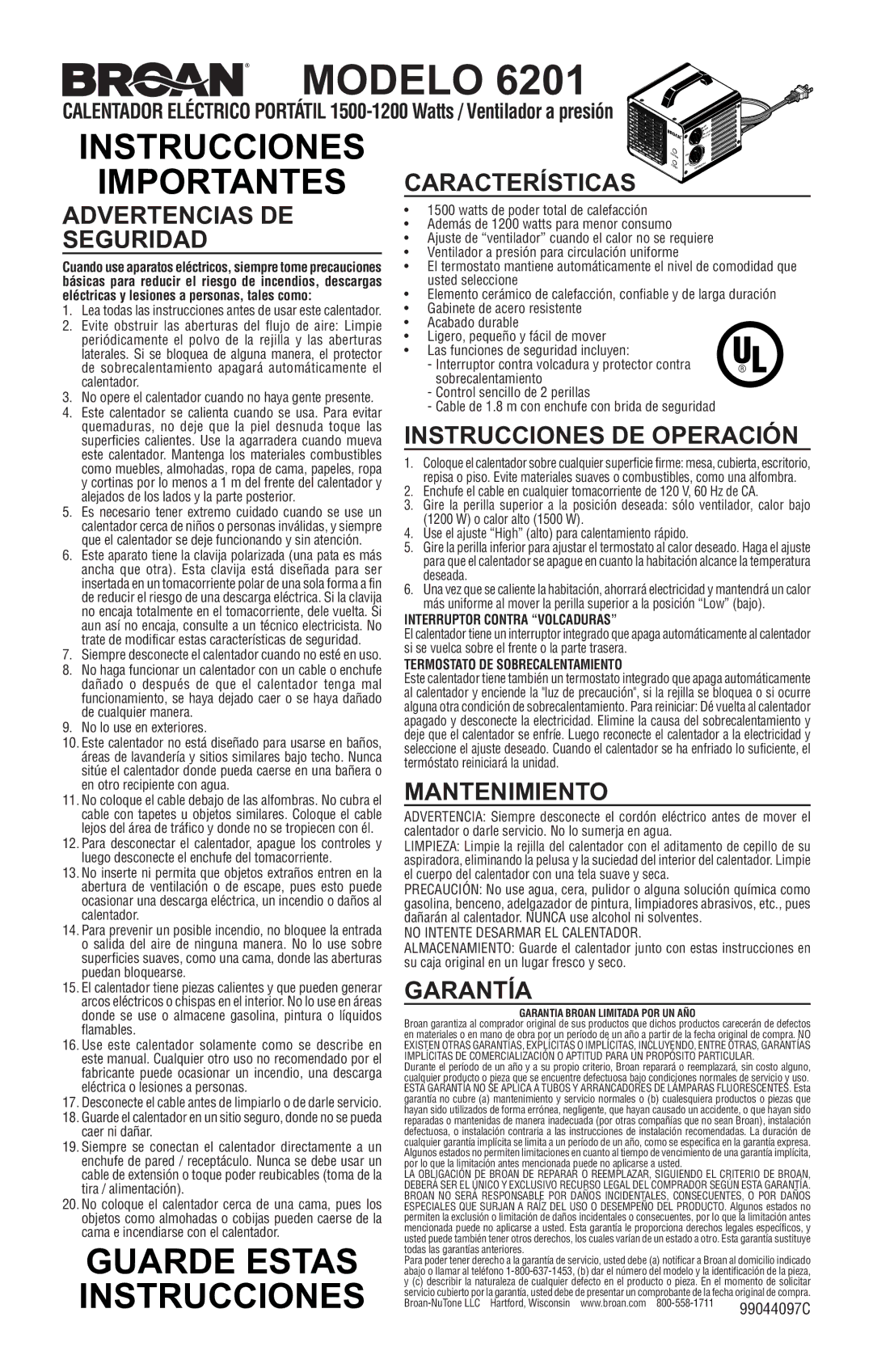 Broan 6201 warranty Instrucciones 