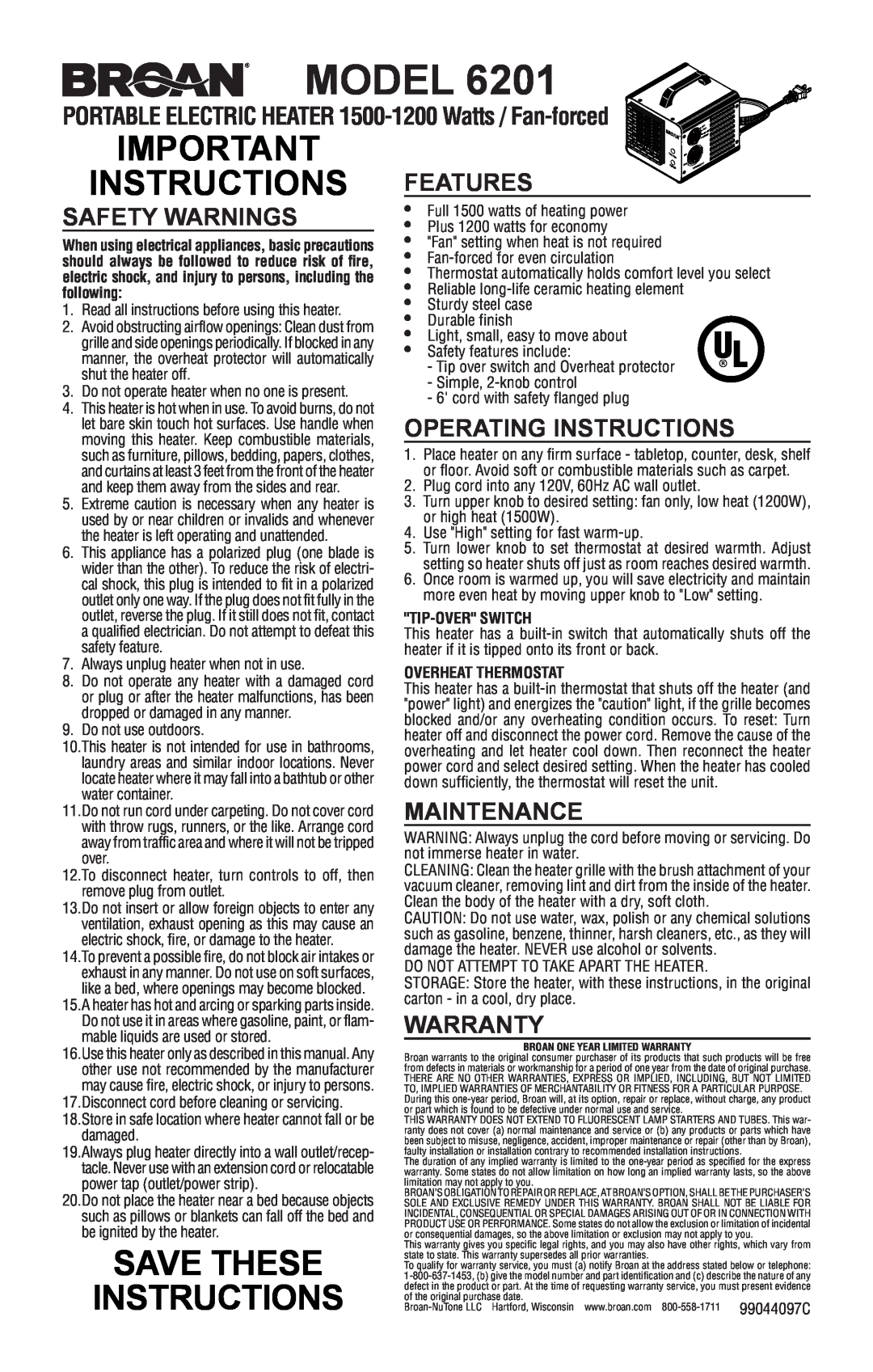 Broan 6201 warranty Model, Important Instructions Features, Save These Instructions, Safety Warnings, Maintenance 