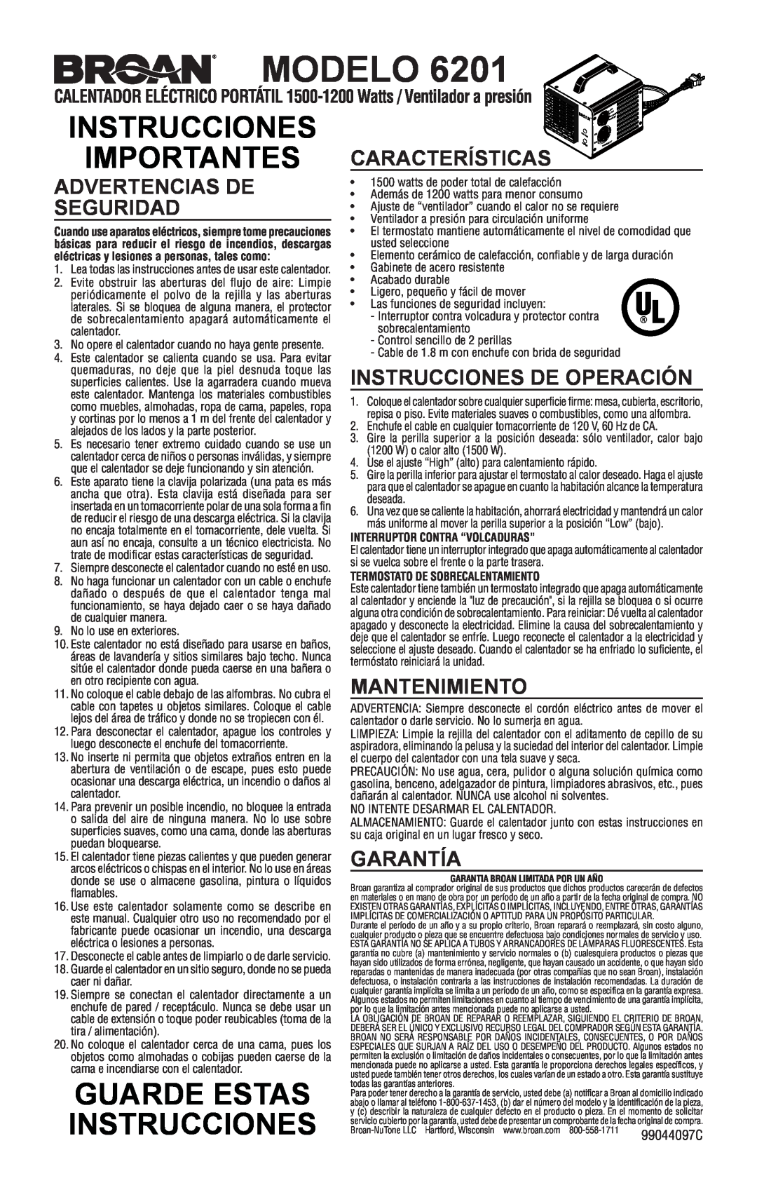 Broan 6201 Modelo, Importantes Características, Advertencias De Seguridad, Instrucciones De Operación, Mantenimiento 