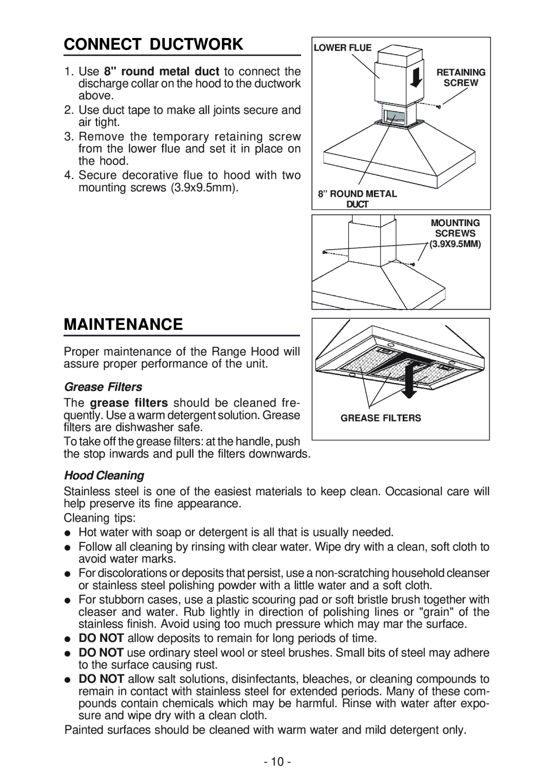 Broan 63000EX manual Connect Ductwork, Maintenance, Grease Filters, Hood Cleaning 