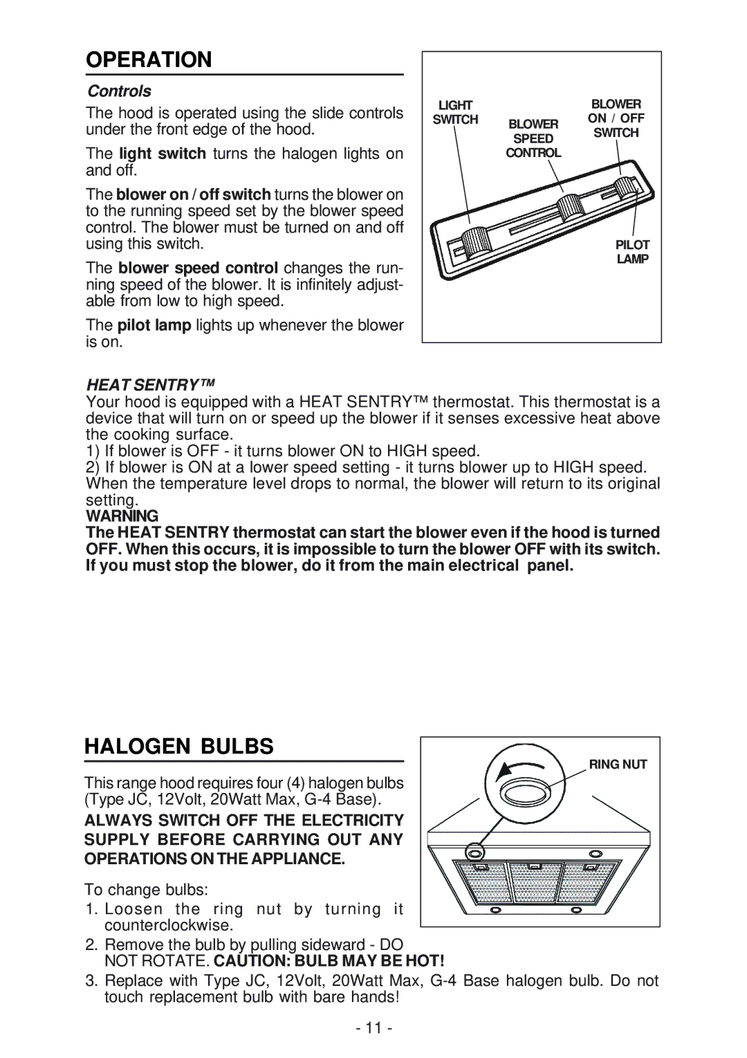 Broan 63000EX manual Operation, Halogen Bulbs, Controls 