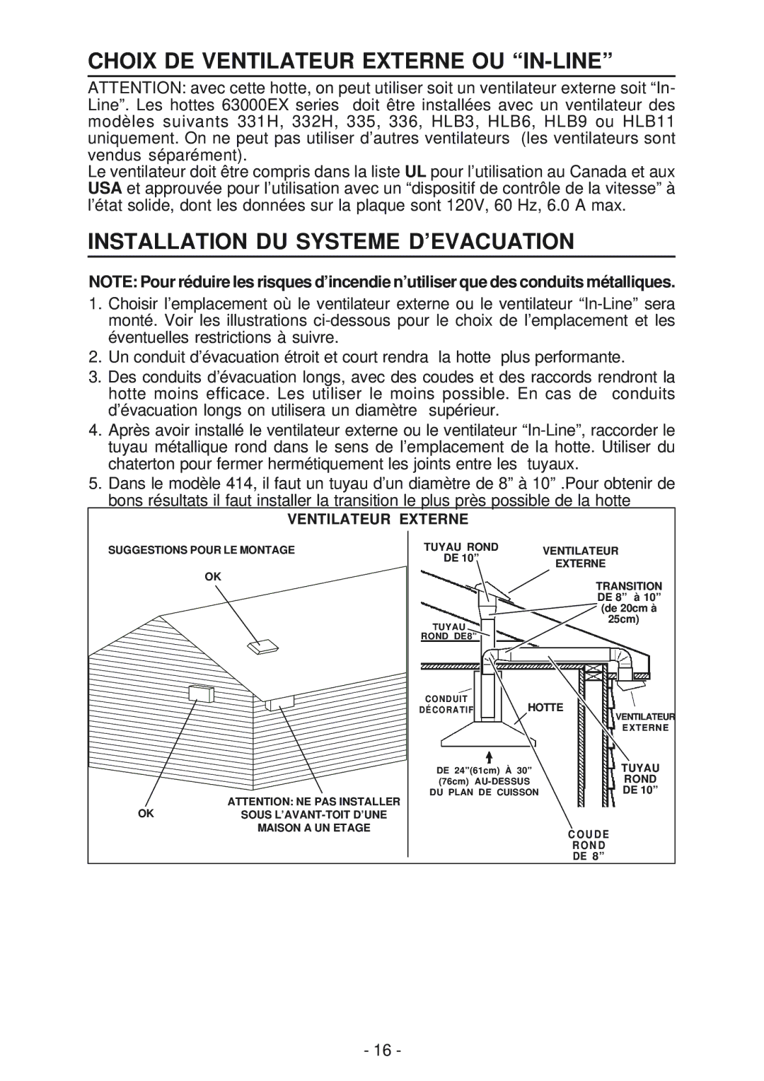 Broan 63000EX manual Choix DE Ventilateur Externe OU IN-LINE, Installation DU Systeme D’EVACUATION 