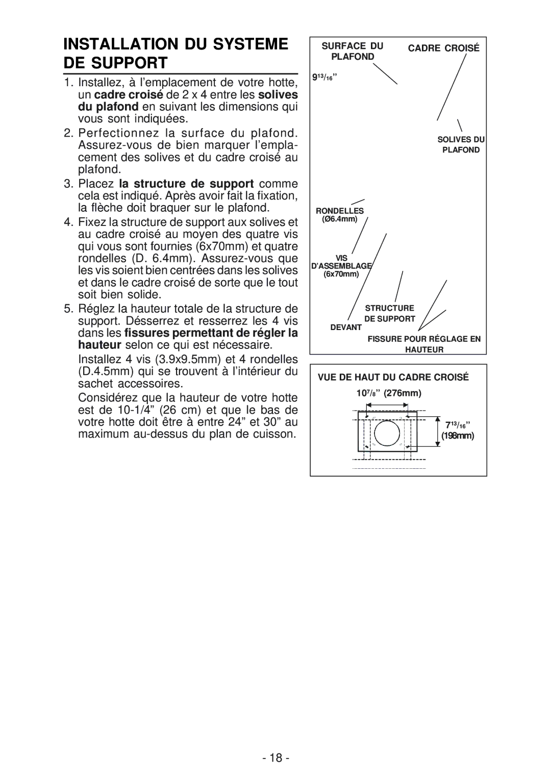 Broan 63000EX manual Installation DU Systeme DE Support, Surface DU Cadre Croisé Plafond 