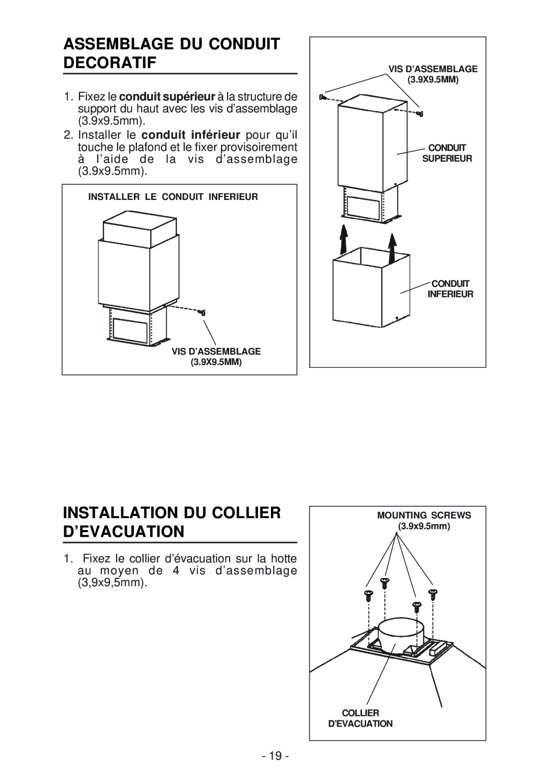 Broan 63000EX manual Assemblage DU Conduit Decoratif, Installation DU Collier D’EVACUATION 