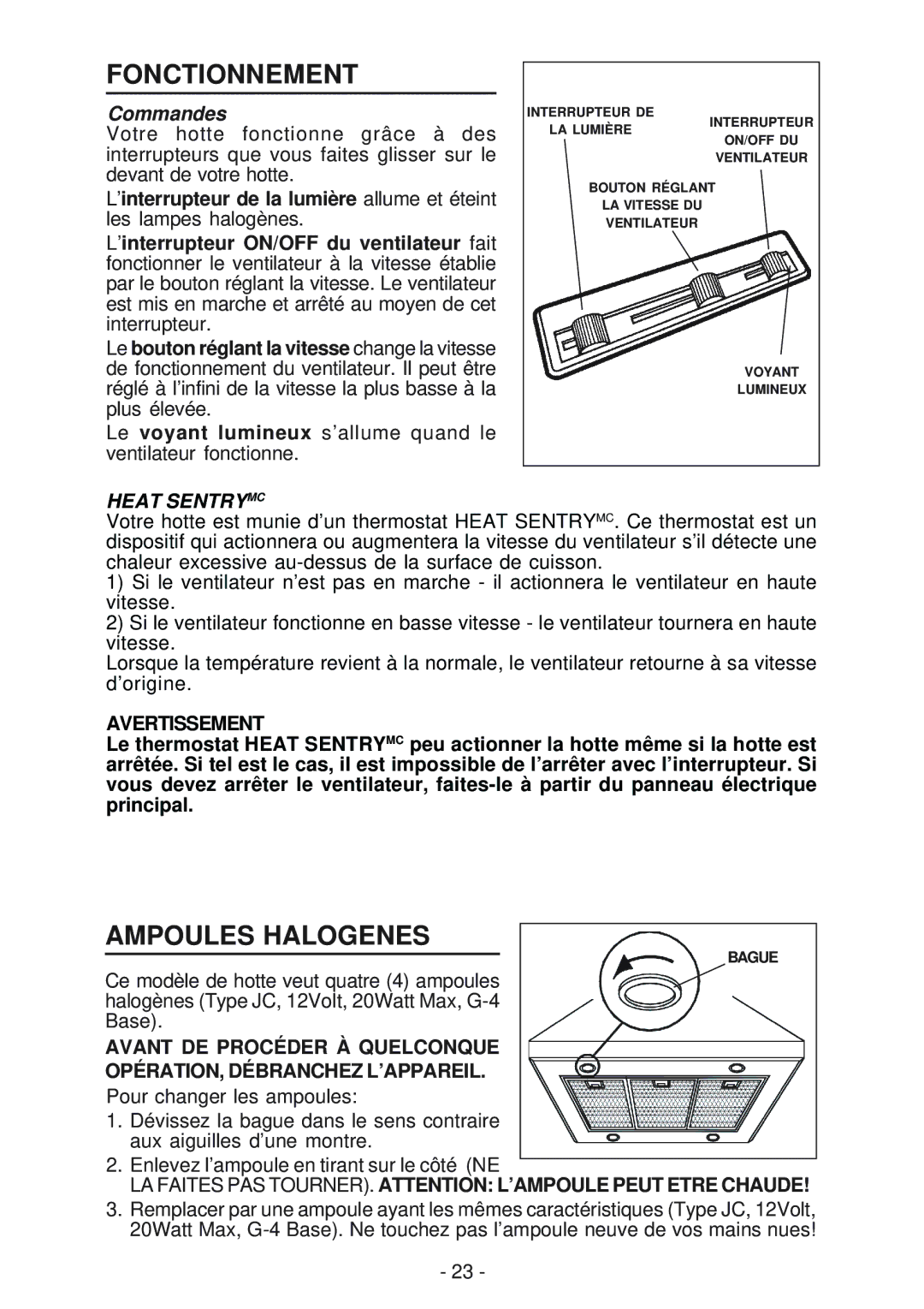 Broan 63000EX manual Fonctionnement, Ampoules Halogenes, Commandes, Avertissement 