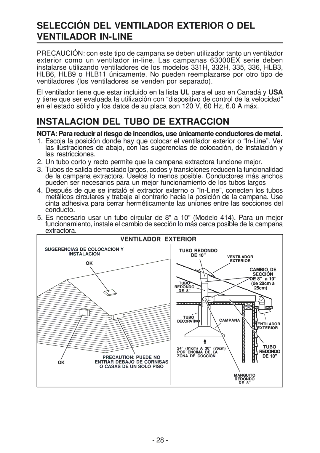 Broan 63000EX manual Selección DEL Ventilador Exterior O DEL Ventilador IN-LINE, Instalacion DEL Tubo DE Extraccion 