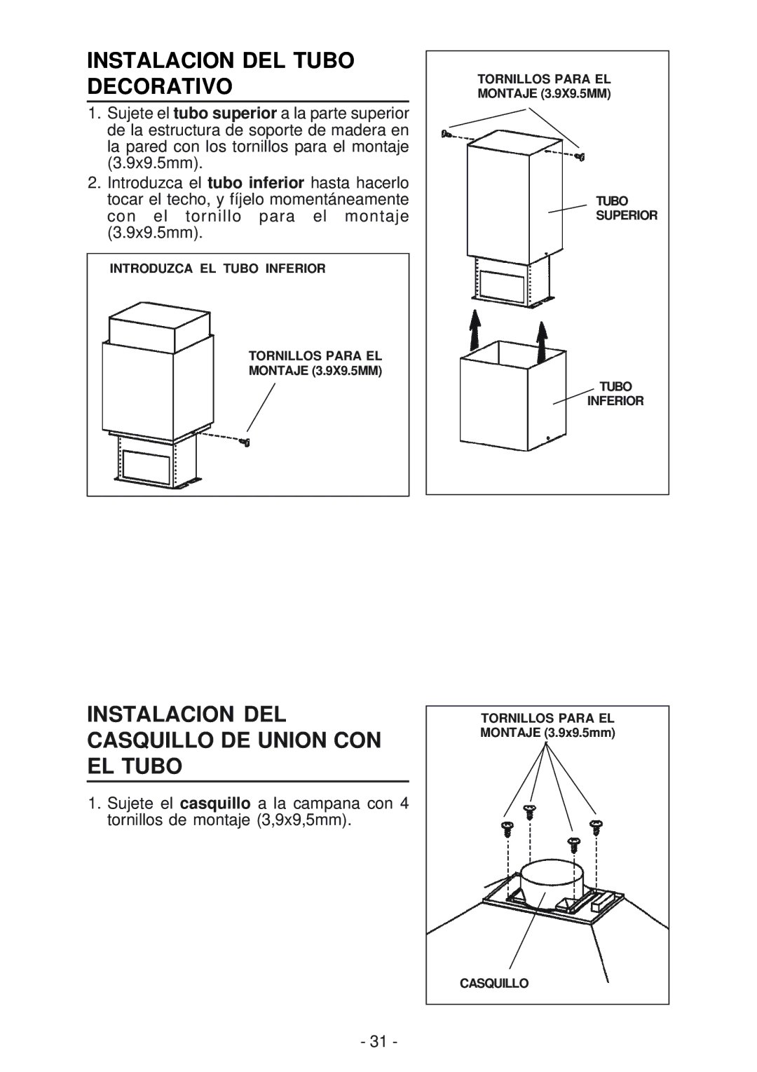 Broan 63000EX manual Instalacion DEL Tubo Decorativo, Instalacion DEL Casquillo DE Union CON EL Tubo 