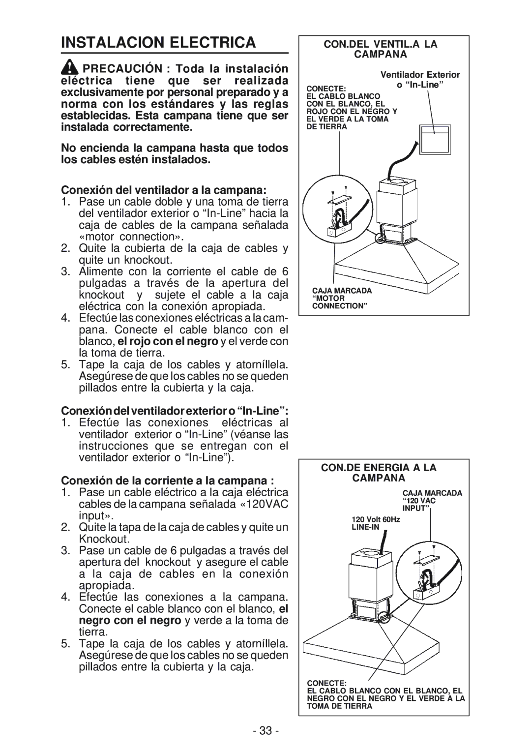 Broan 63000EX manual Instalacion Electrica, Conexión del ventilador exterior o In-Line 