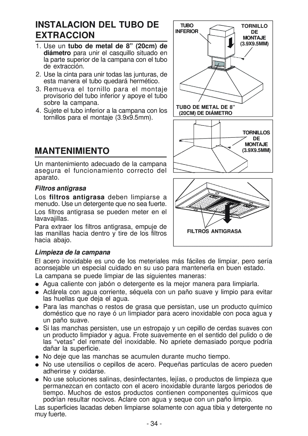 Broan 63000EX manual Mantenimiento, Filtros antigrasa, Limpieza de la campana 