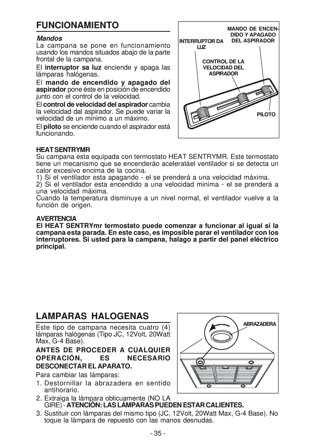 Broan 63000EX manual Funcionamiento, Lamparas Halogenas, Mandos 