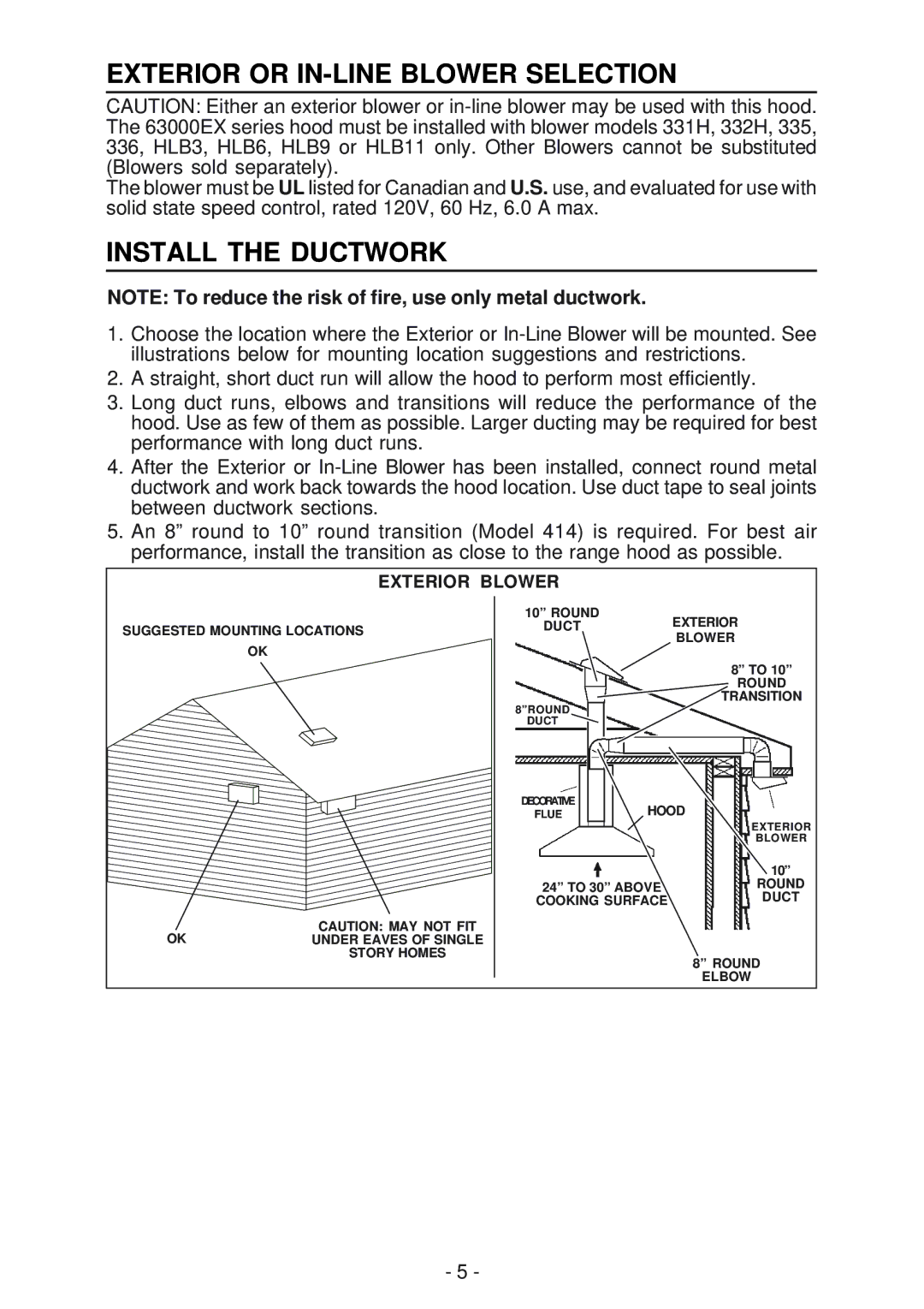 Broan 63000EX manual Exterior or IN-LINE Blower Selection, Install the Ductwork 