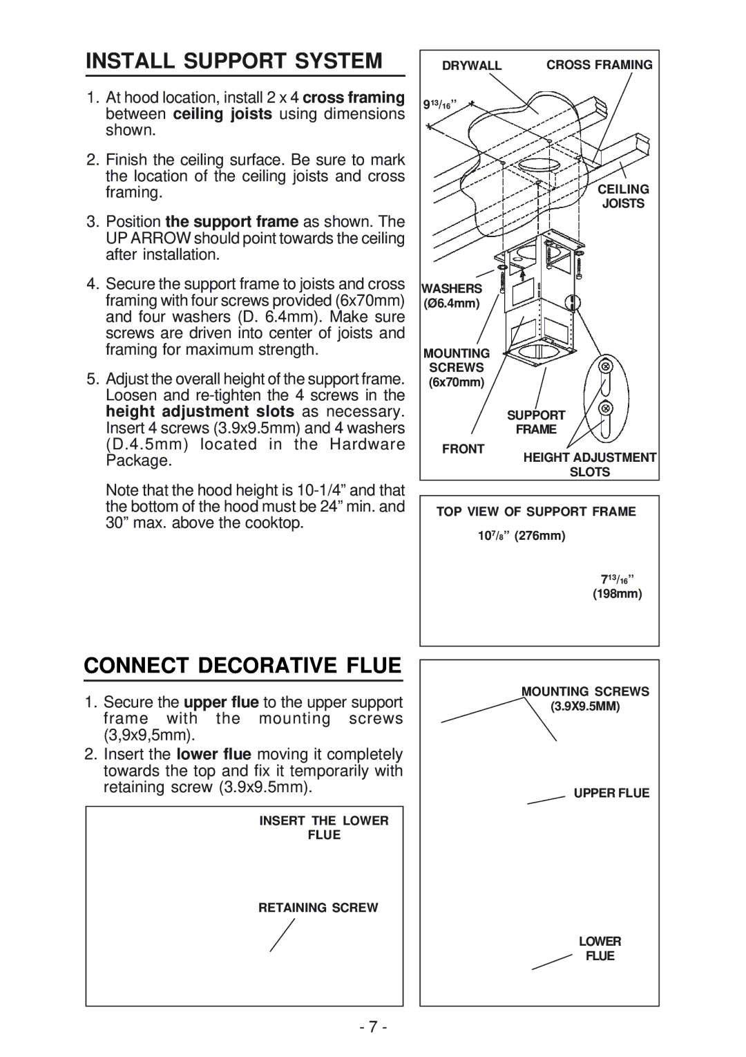 Broan 63000EX manual Install Support System, Connect Decorative Flue 