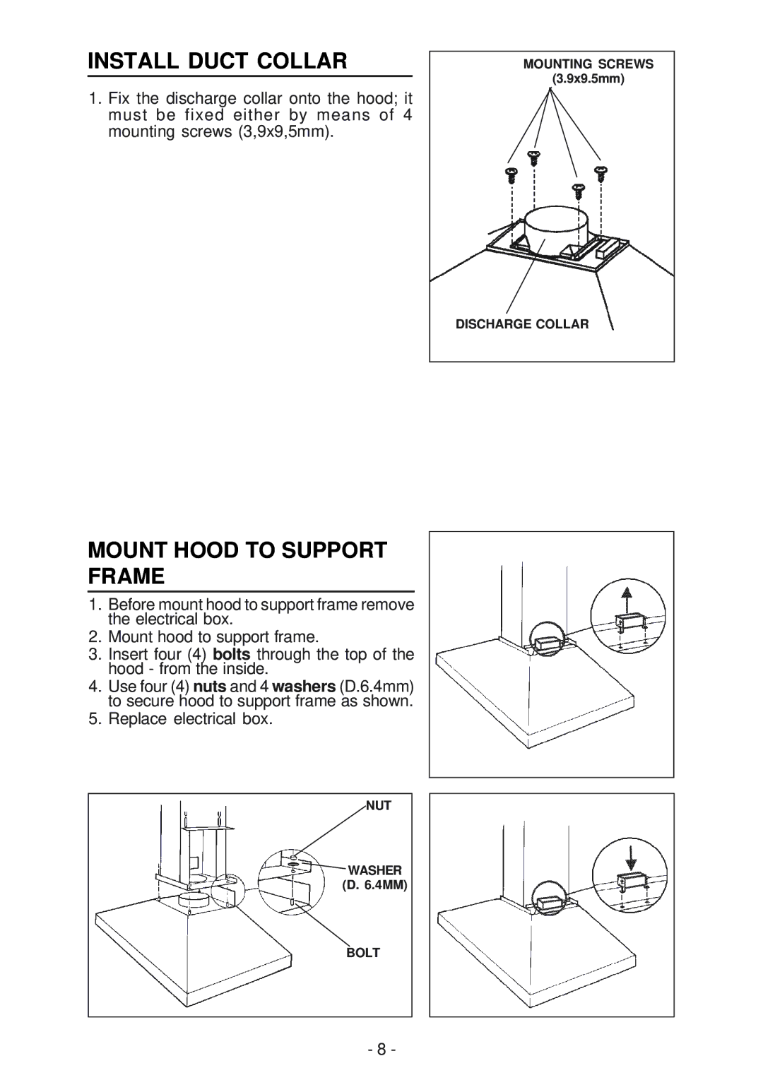 Broan 63000EX manual Install Duct Collar, Mount Hood to Support Frame 