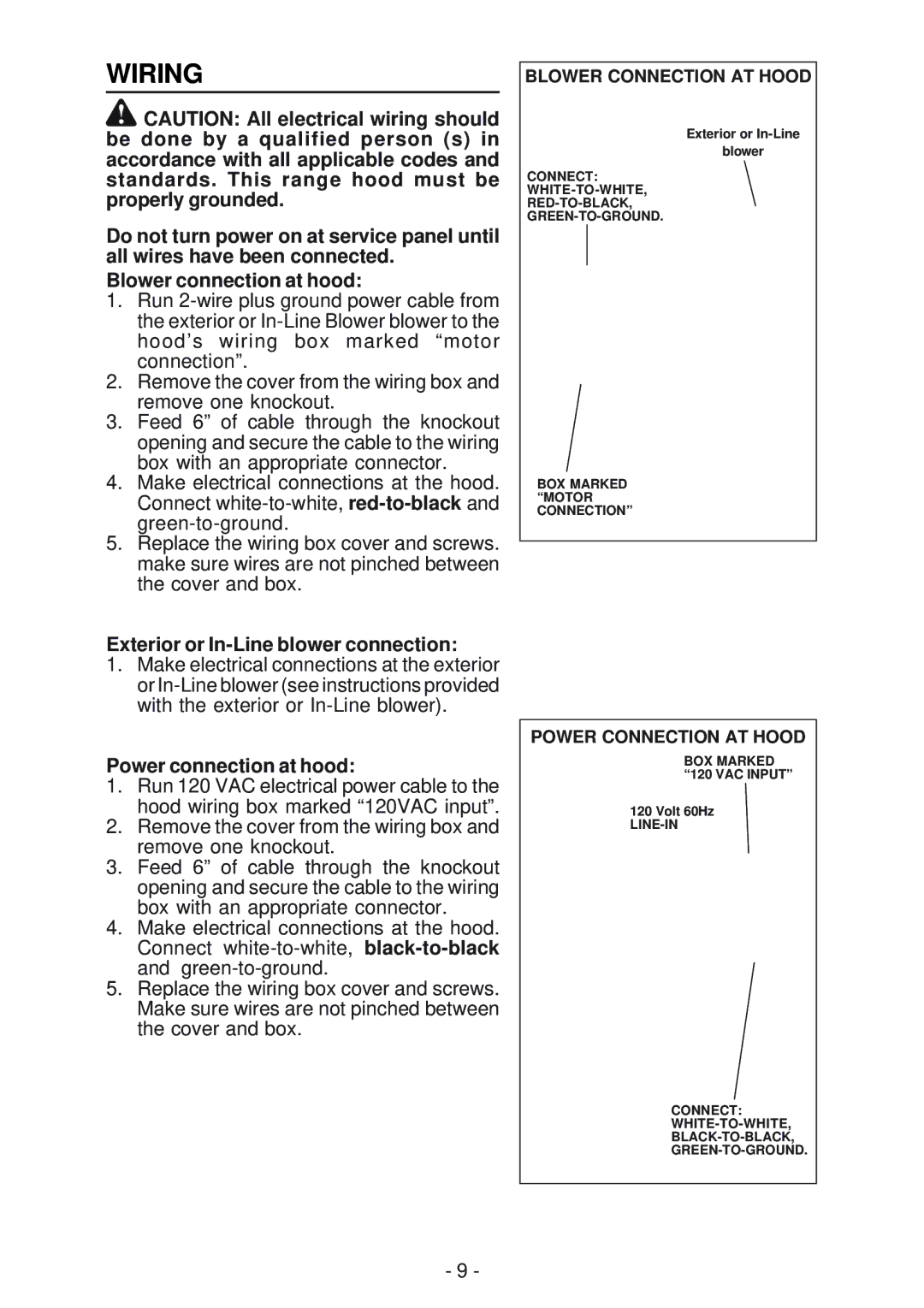 Broan 63000EX manual Wiring, Exterior or In-Line blower connection 