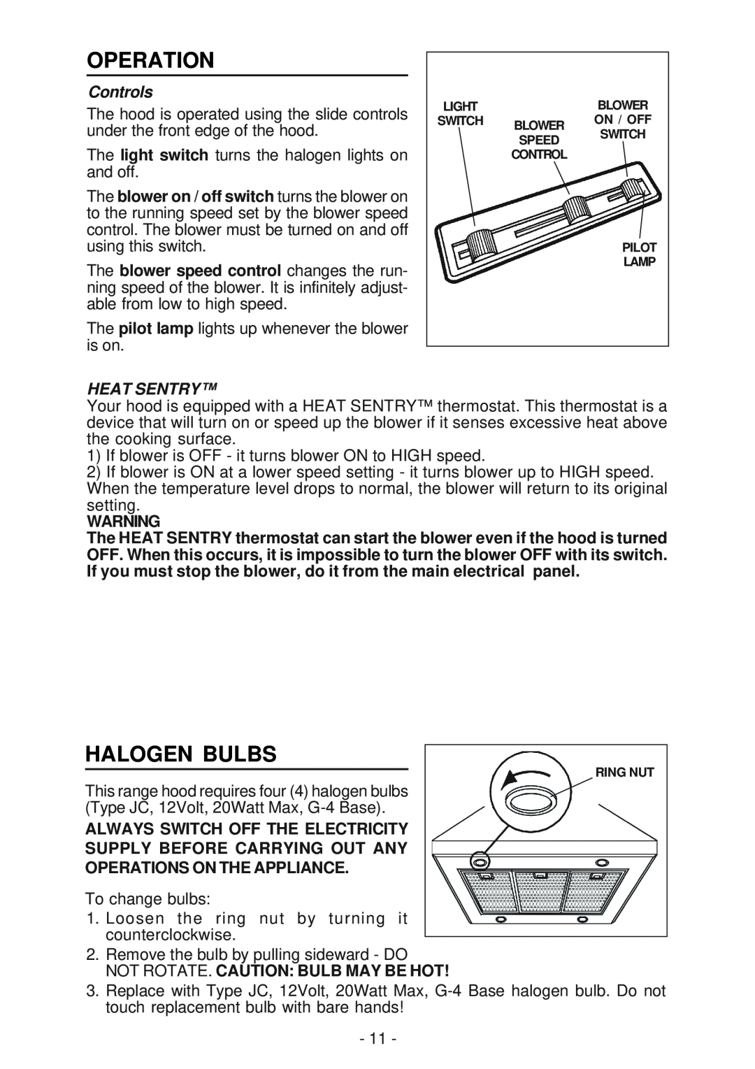 Broan 63000EX manual Operation, Halogen Bulbs, Controls, Heat Sentry 