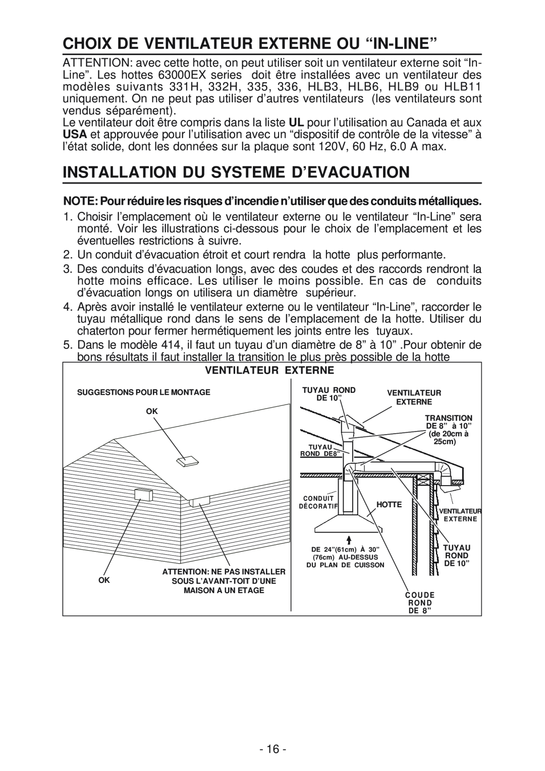 Broan 63000EX manual Choix De Ventilateur Externe Ou “In-Line”, Installation Du Systeme D’Evacuation 