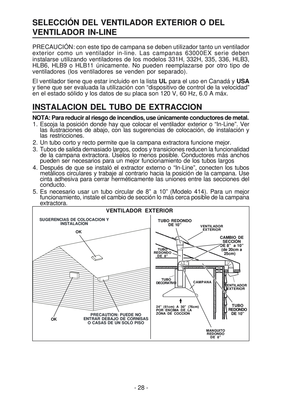 Broan 63000EX manual Selección Del Ventilador Exterior O Del Ventilador In-Line, Instalacion Del Tubo De Extraccion 