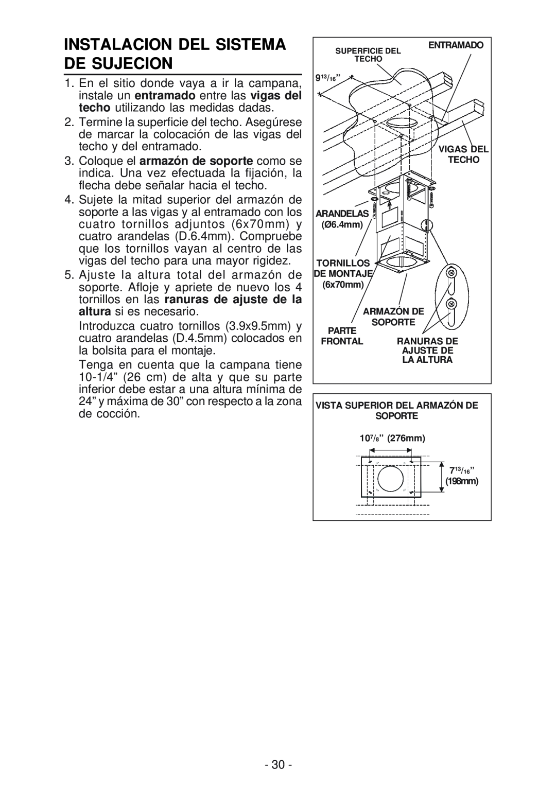 Broan 63000EX manual Instalacion Del Sistema De Sujecion, tornillos en las ranuras de ajuste de la 