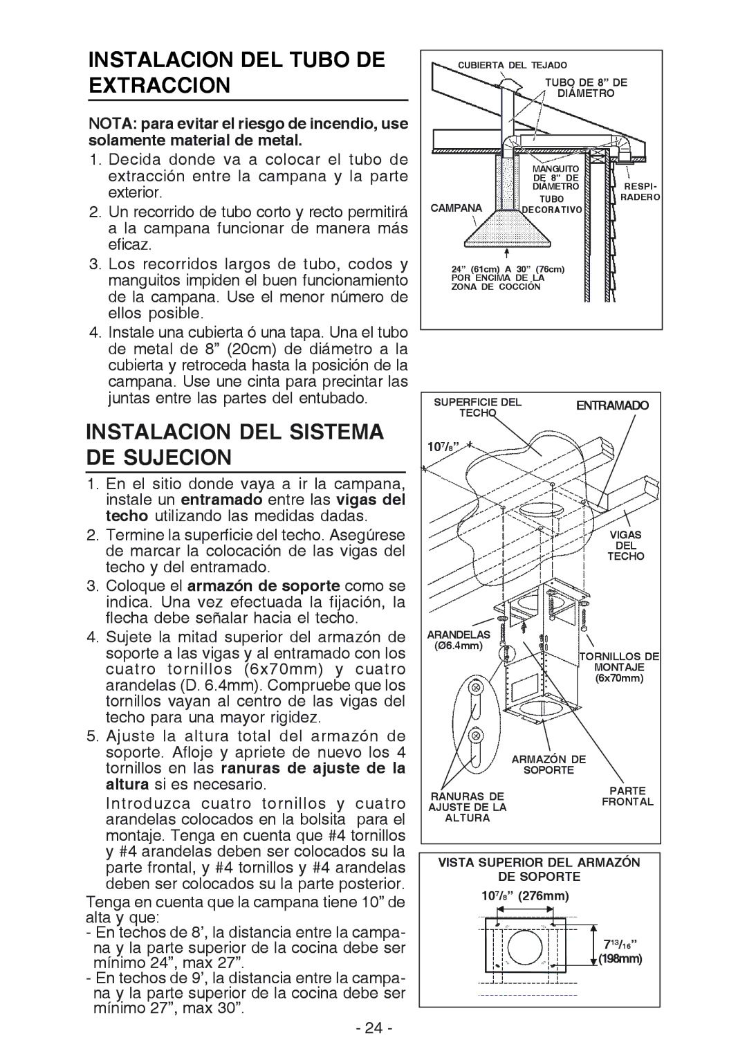 Broan 637004 manual Instalacion DEL Tubo DE Extraccion, Instalacion DEL Sistema DE Sujecion 