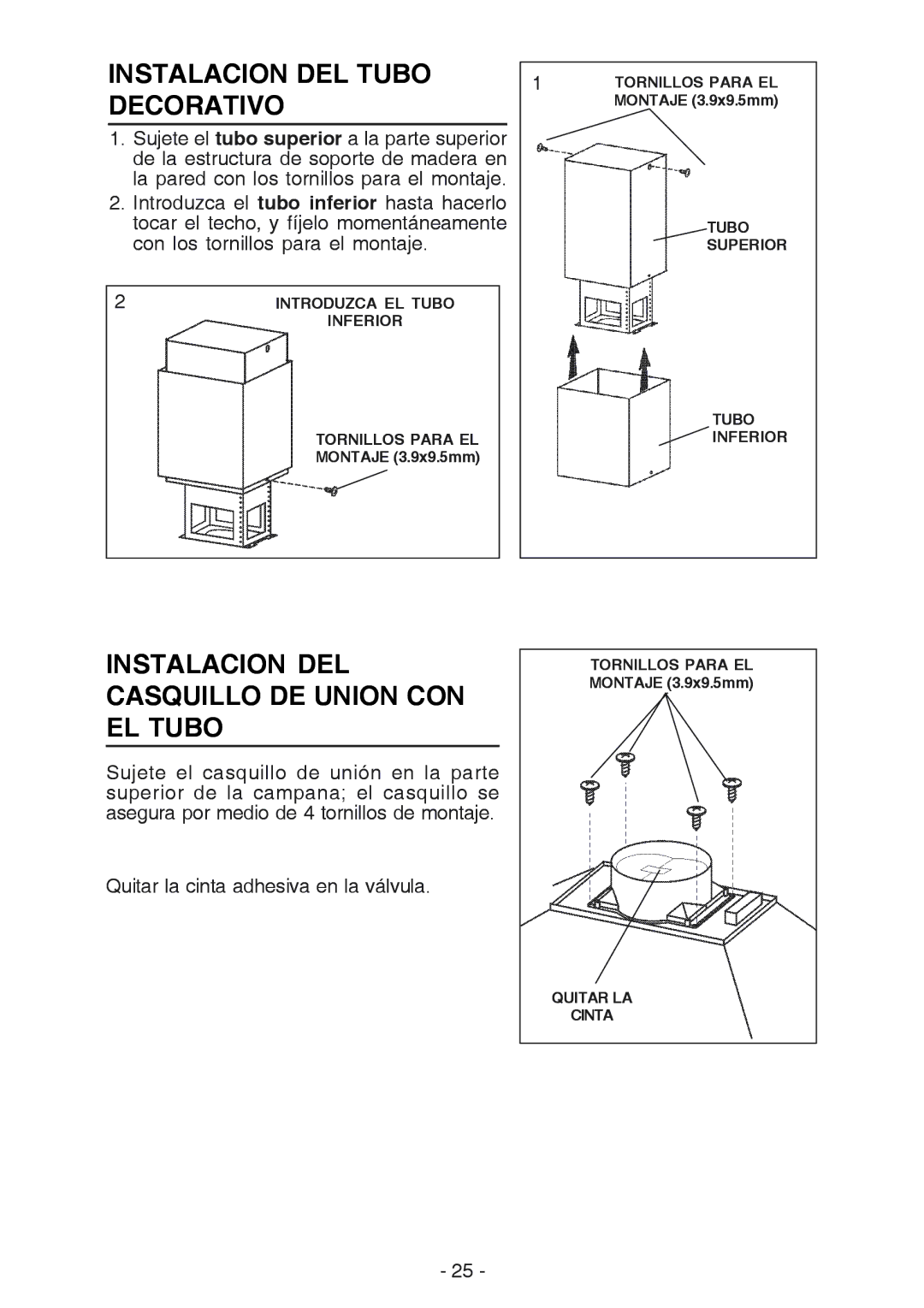 Broan 637004 manual Instalacion DEL Tubo Decorativo, Instalacion DEL Casquillo DE Union CON EL Tubo 