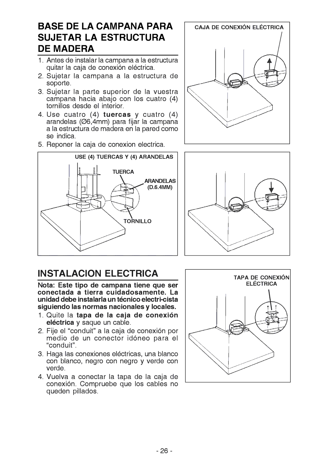 Broan 637004 manual Base DE LA Campana Para Sujetar LA Estructura DE Madera, Instalacion Electrica 