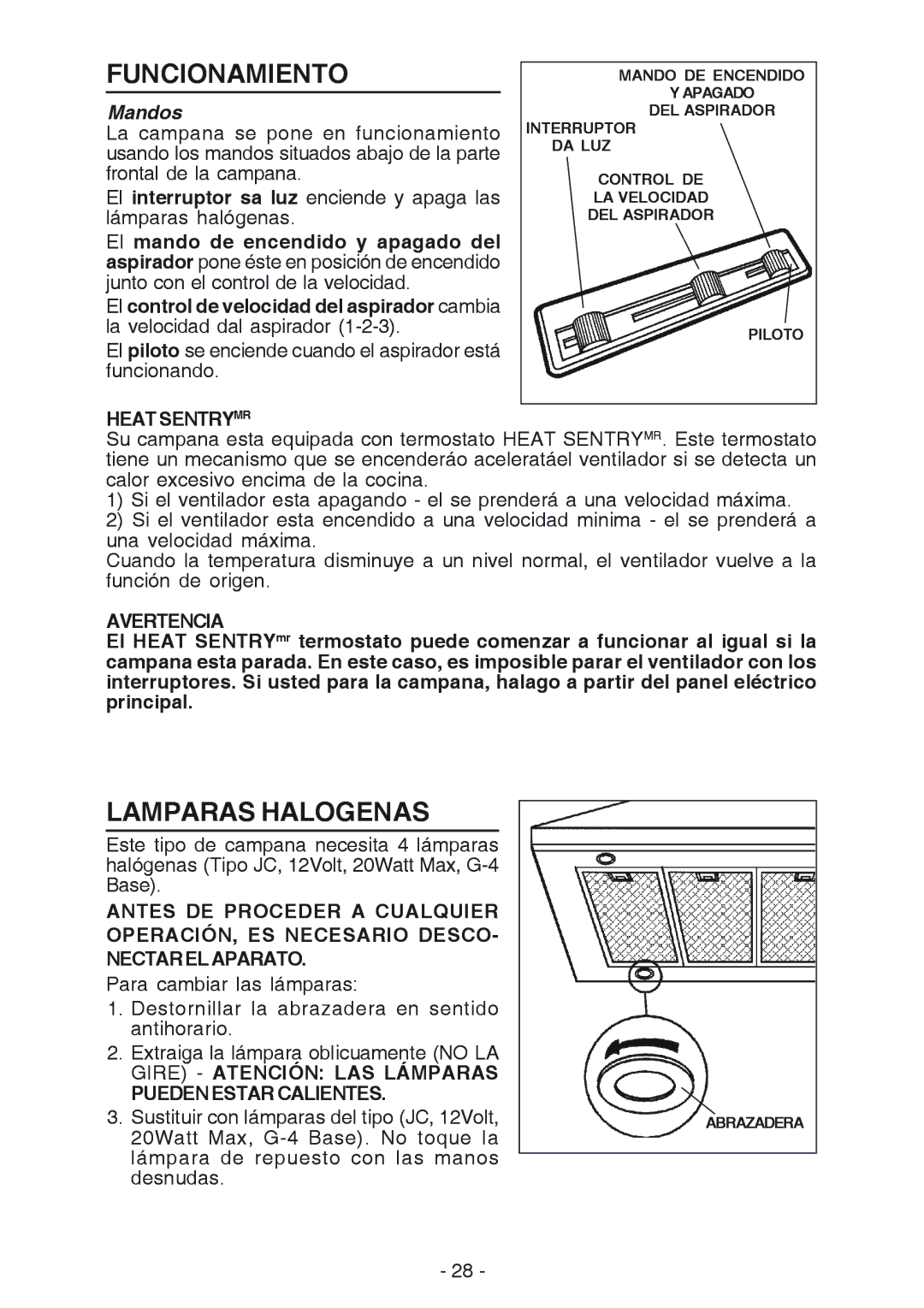 Broan 637004 manual Funcionamiento, Lamparas Halogenas, Mandos 