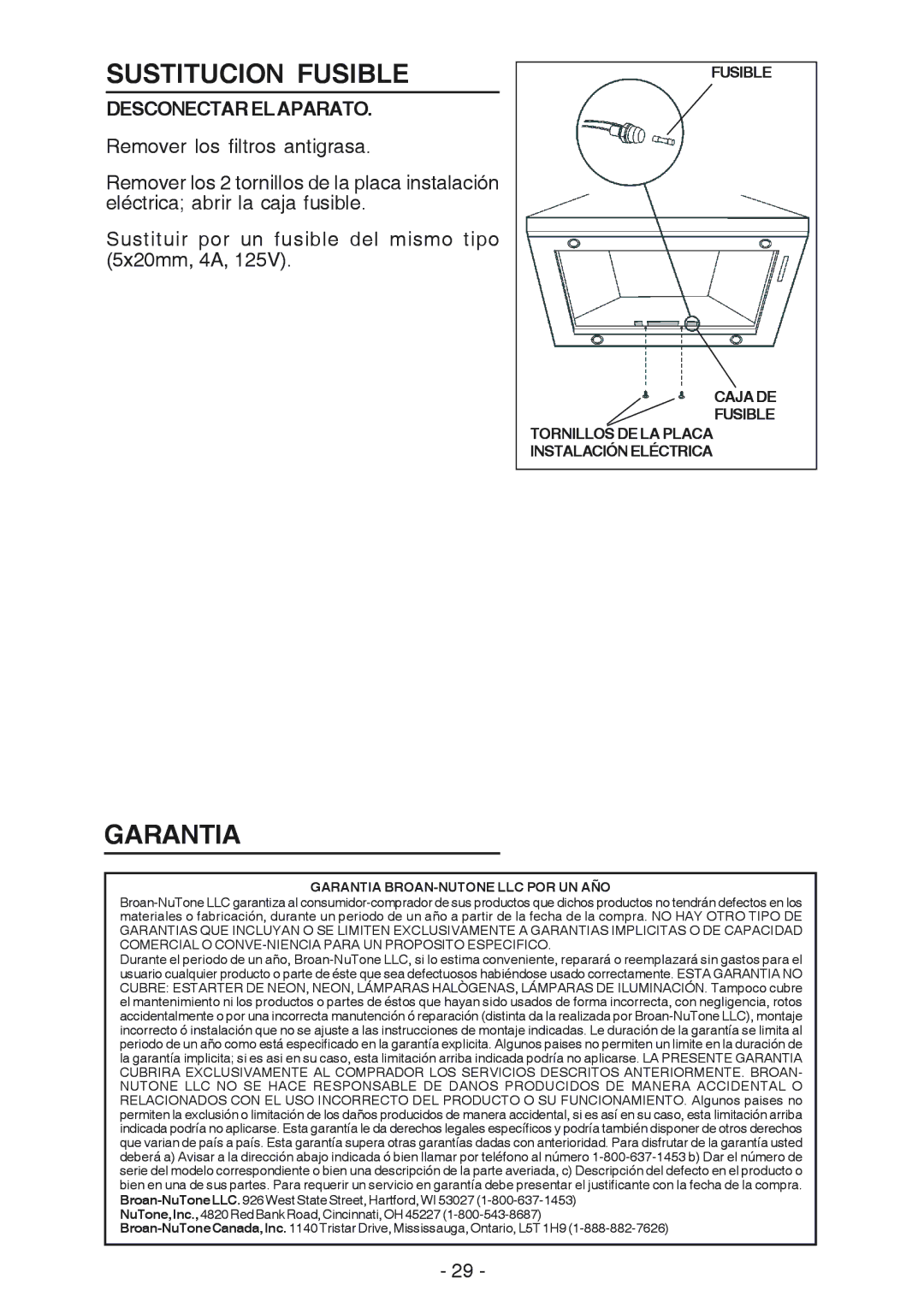 Broan 637004 manual Sustitucion Fusible, Garantia, Desconectarelaparato 