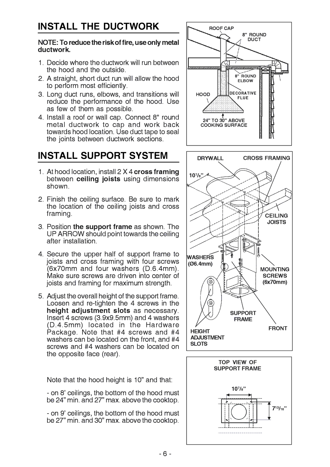 Broan 637004 manual Install the Ductwork, Install Support System 