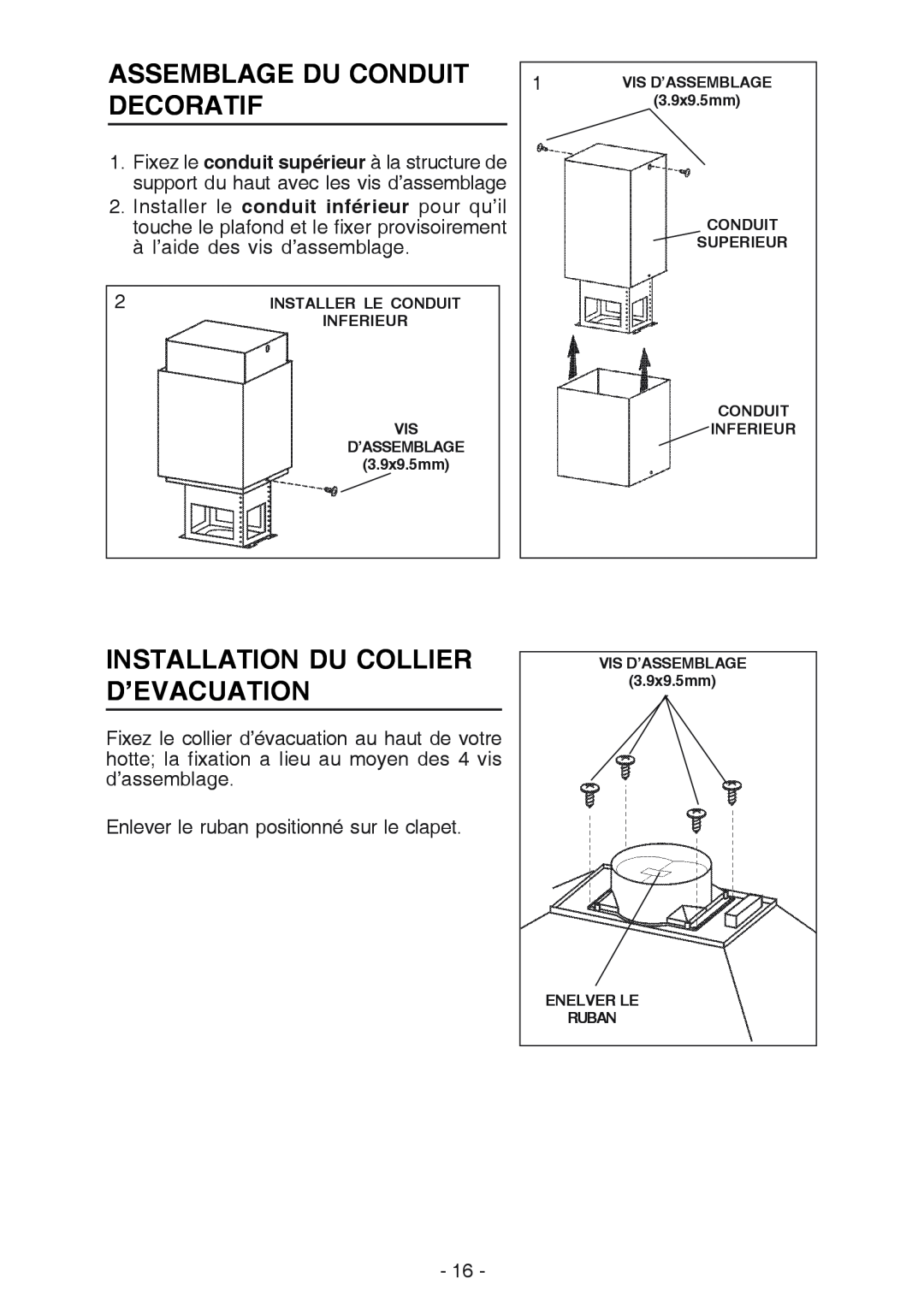 Broan 637004 manual Assemblage Du Conduit Decoratif, Installation Du Collier D’Evacuation 
