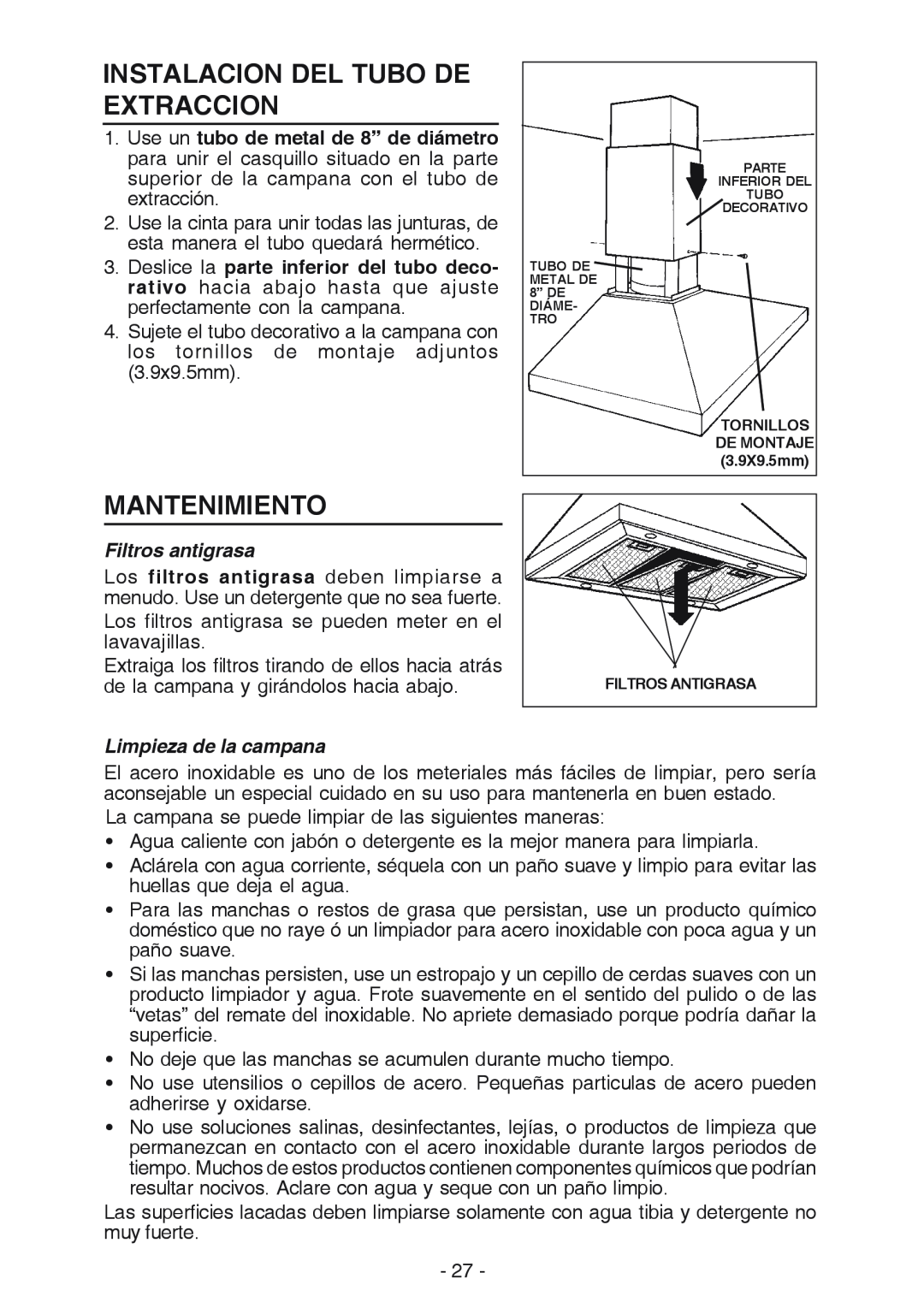 Broan 637004 manual Mantenimiento, Filtros antigrasa, Limpieza de la campana, Instalacion Del Tubo De Extraccion 
