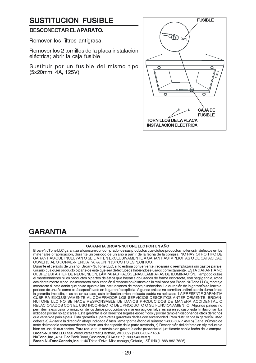 Broan 637004 manual Sustitucion Fusible, Garantia, Desconectarelaparato, Fusible Caja De Fusible Tornillos De La Placa 