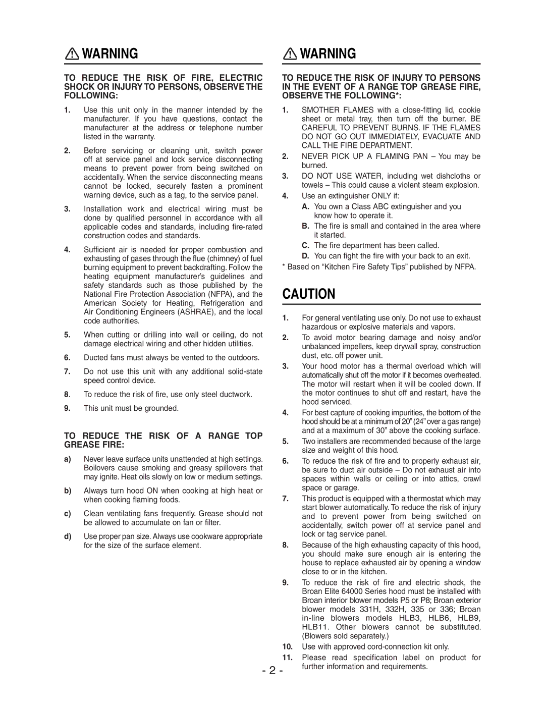 Broan 64000 installation instructions This unit must be grounded 