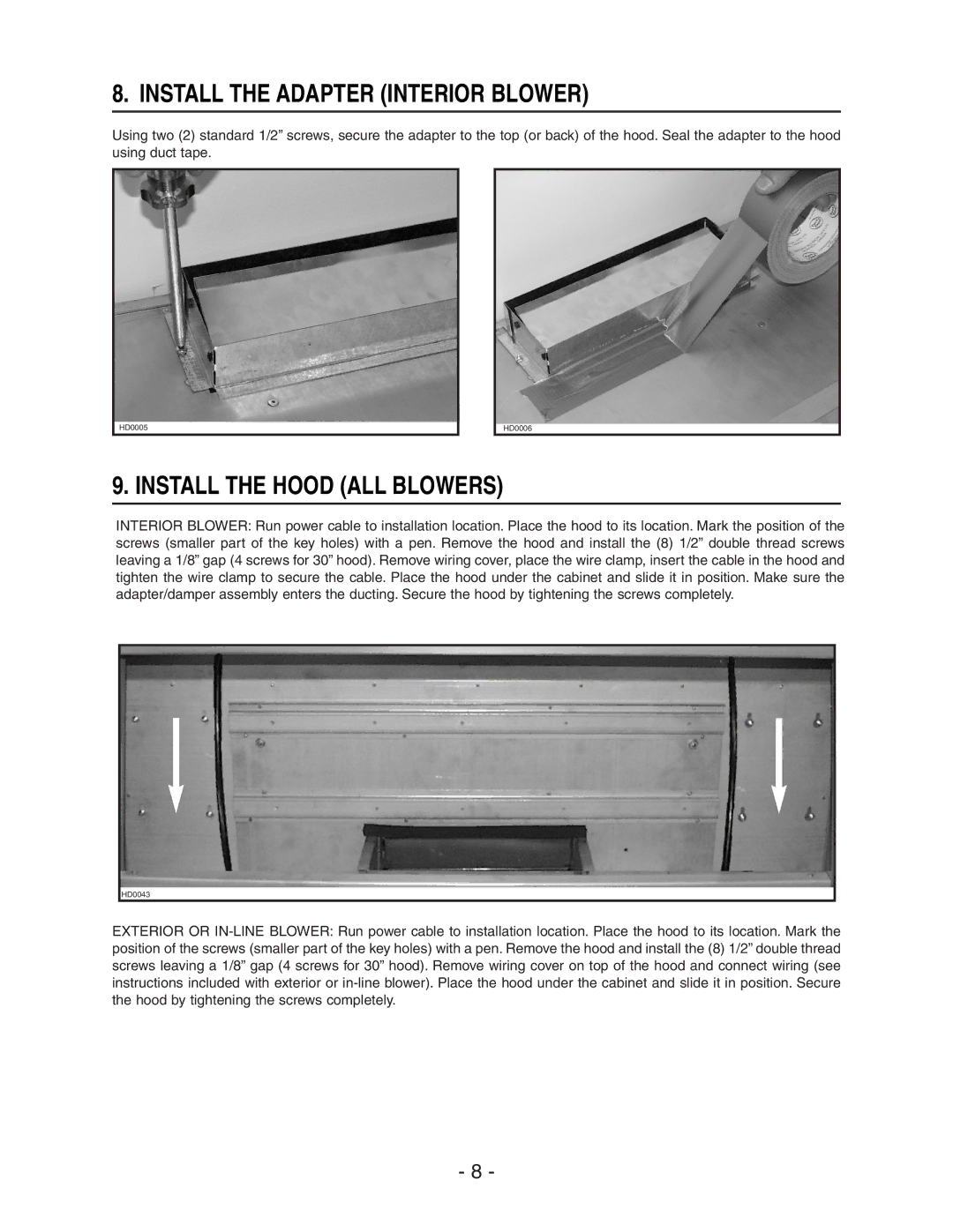 Broan 64000 installation instructions Install the Adapter Interior Blower, Install the Hood ALL Blowers 