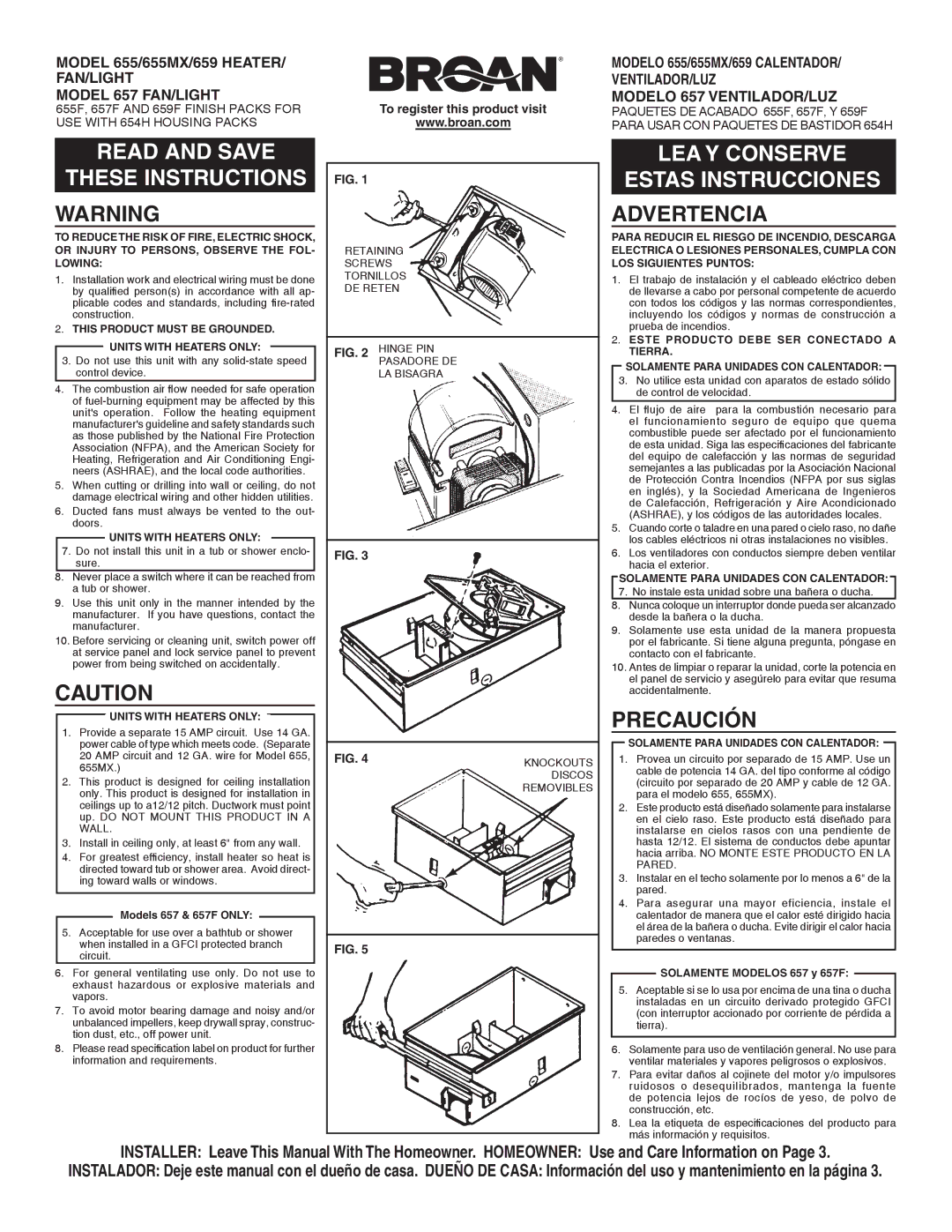 Broan 655MX, 659 manual This Product Must be Grounded Units with Heaters only, Models 657 & 657F only 