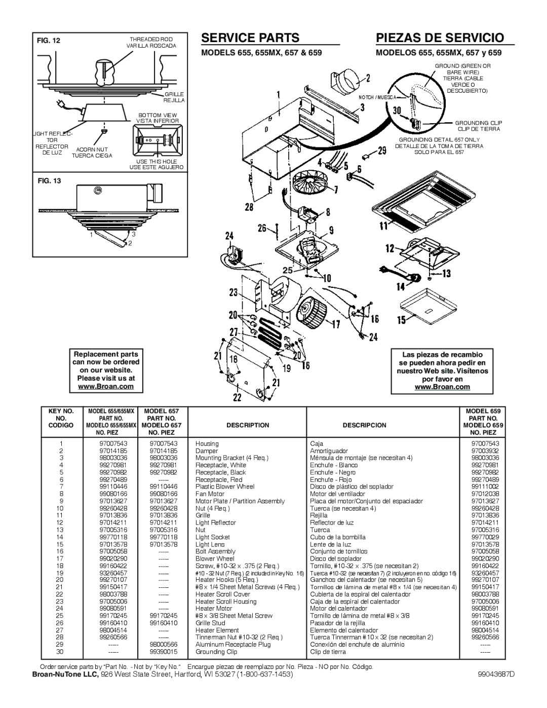 Broan 659, 655MX manual Service Parts, Model Codigo, Modelo, NO. Piez 