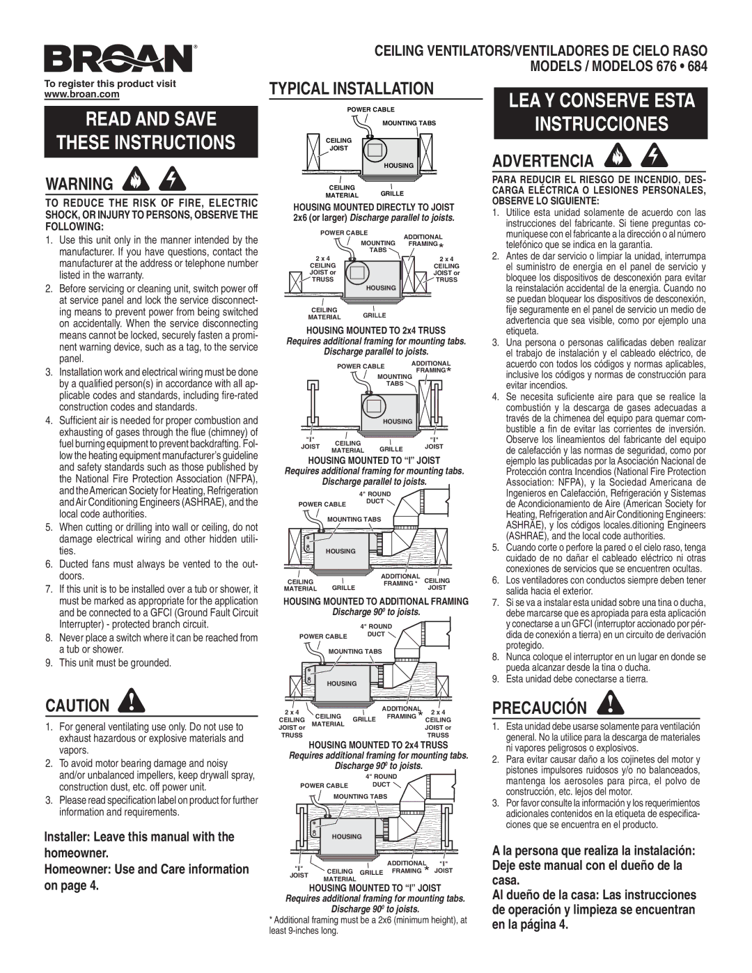 Broan 684, 676 warranty Typical Installation, Advertencia, Precaución 