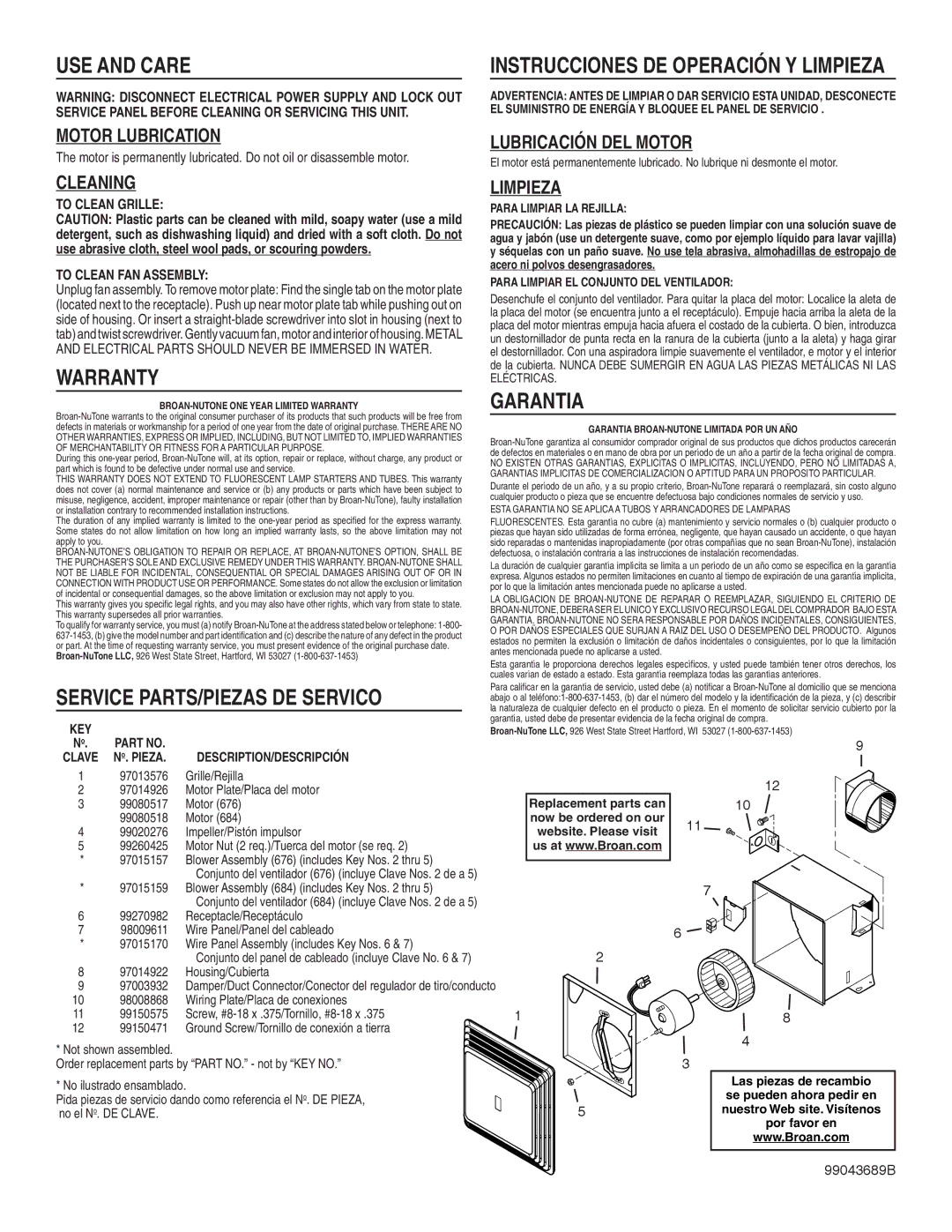 Broan 676, 684 warranty USE and Care, Warranty, Service PARTS/PIEZAS DE Servico, Garantia 