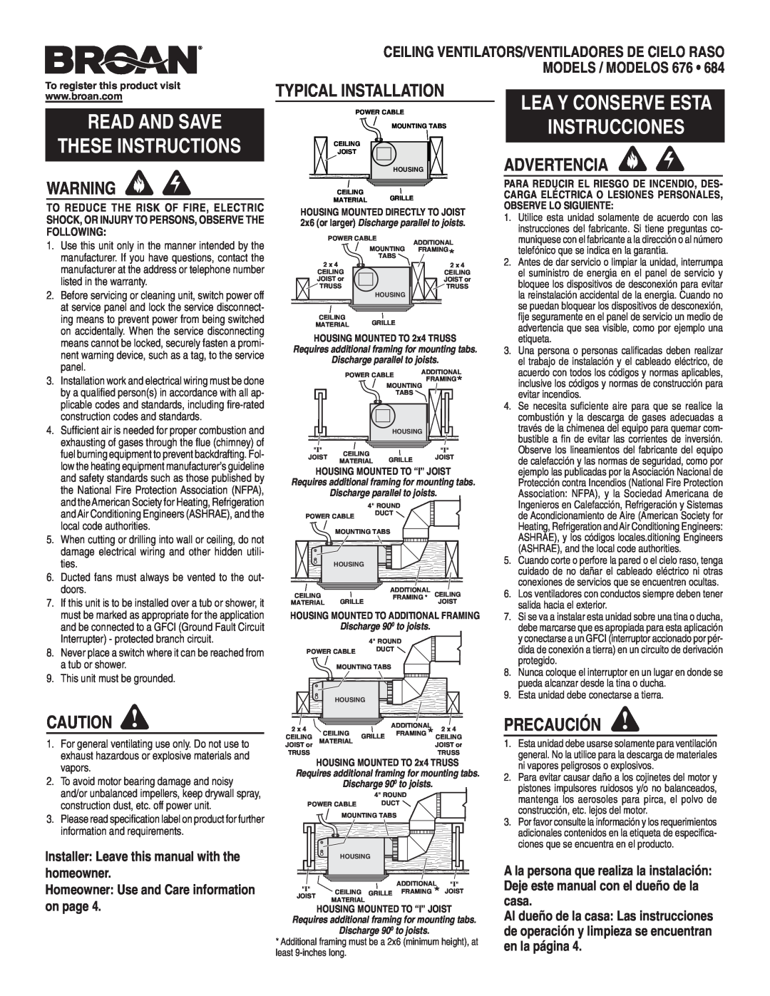 Broan 684, 676 warranty Typical Installation, Advertencia, Precaución, Installer Leave this manual with the homeowner 
