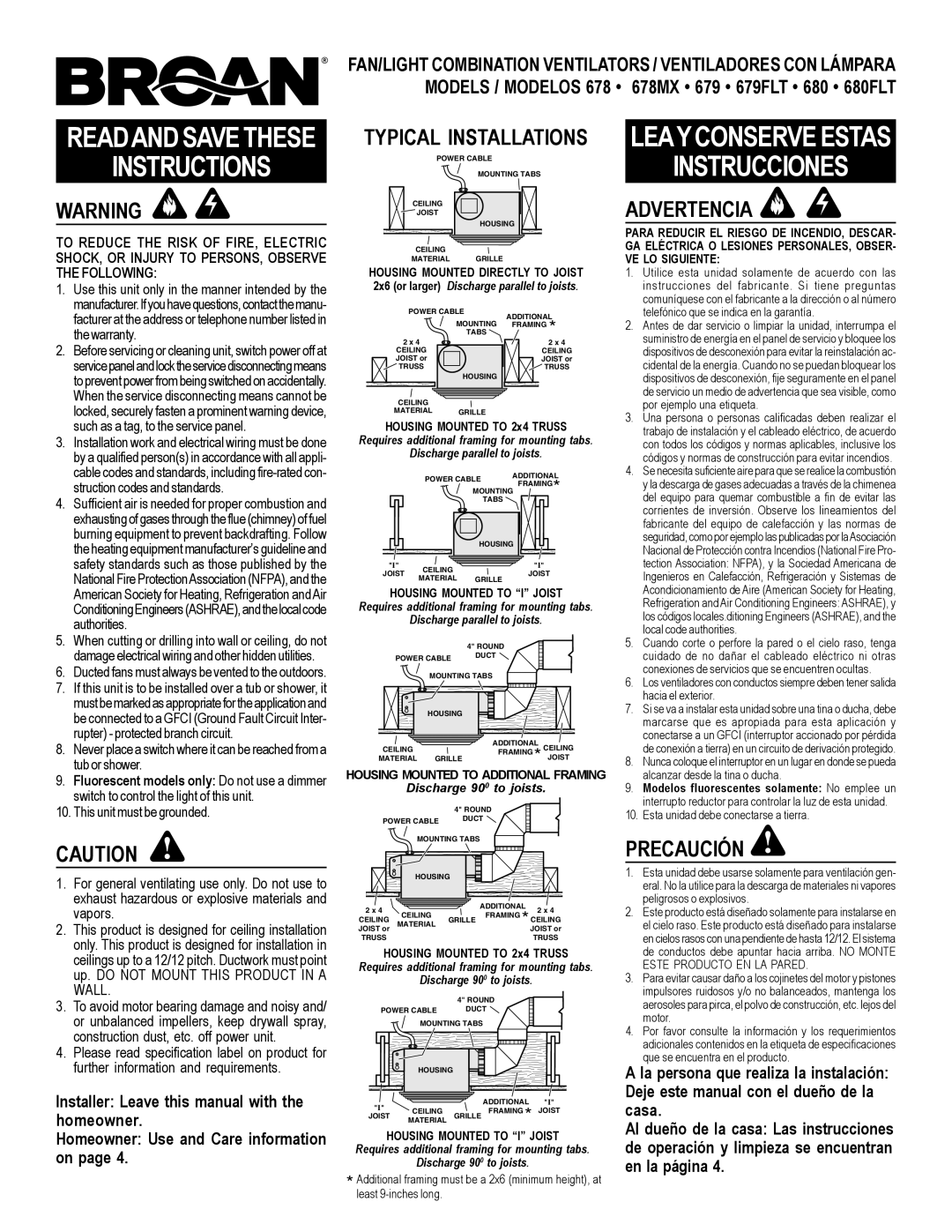 Broan 679FLT, 680FLT, 678MX warranty Advertencia, Precaución, Housing Mounted to 2x4 Truss 