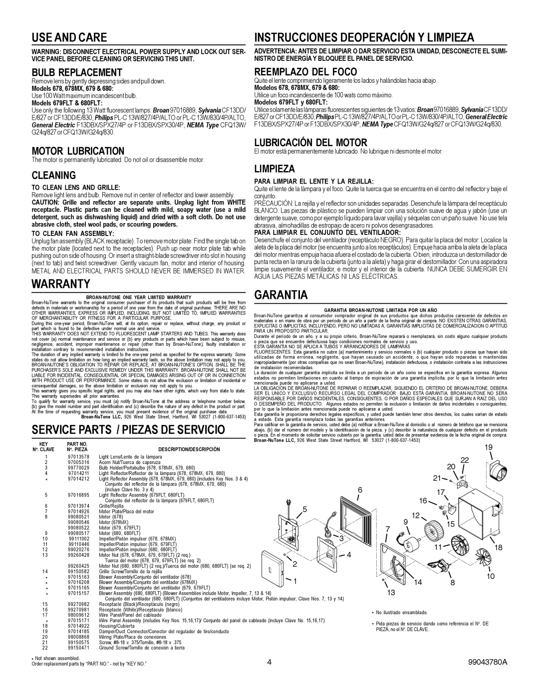 Broan 678, 680 USE and Care Instrucciones Deoperación Y Limpieza, Warranty, Garantia, Service Parts / Piezas DE Servicio 