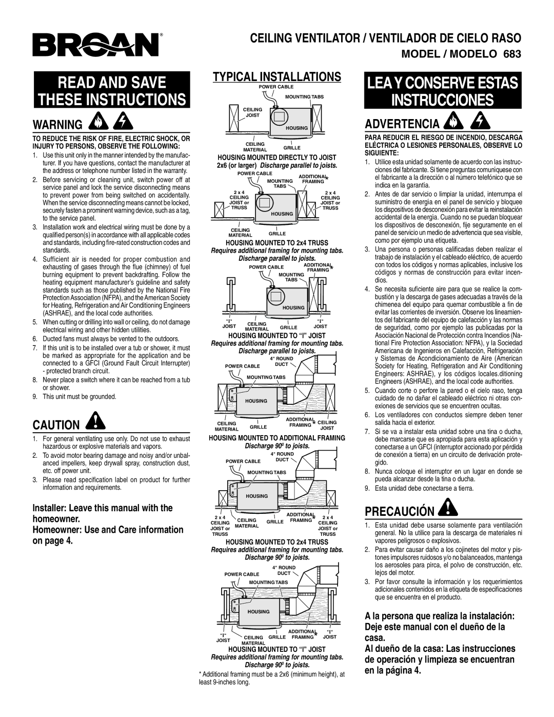 Broan 683 warranty Advertencia, Precaución 