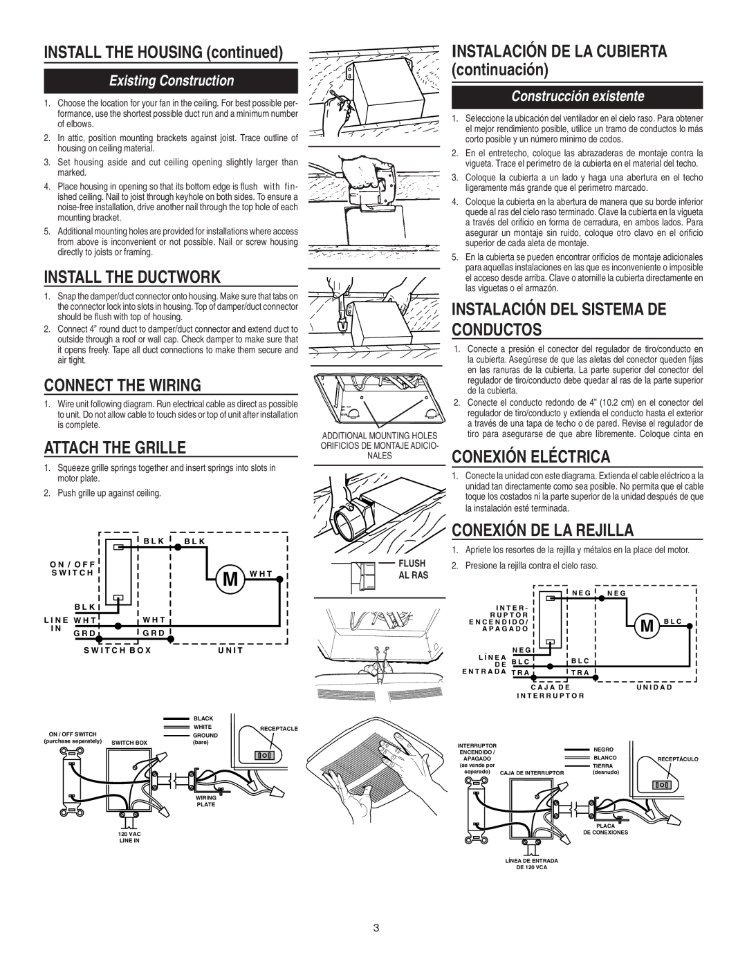 Broan 683 warranty Install the Ductwork, Connect the Wiring, Conexión Eléctrica, Conexión DE LA Rejilla 