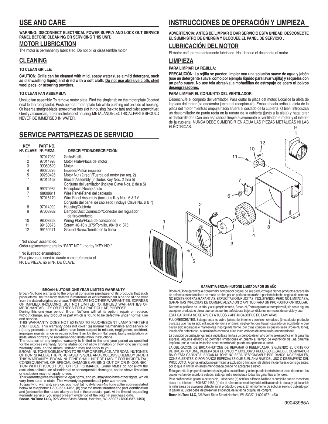 Broan 683 USE and Care, Service PARTS/PIEZAS DE Servicio, Receptacle/Receptáculo 98009611, Housing/Cubierta 97003932 