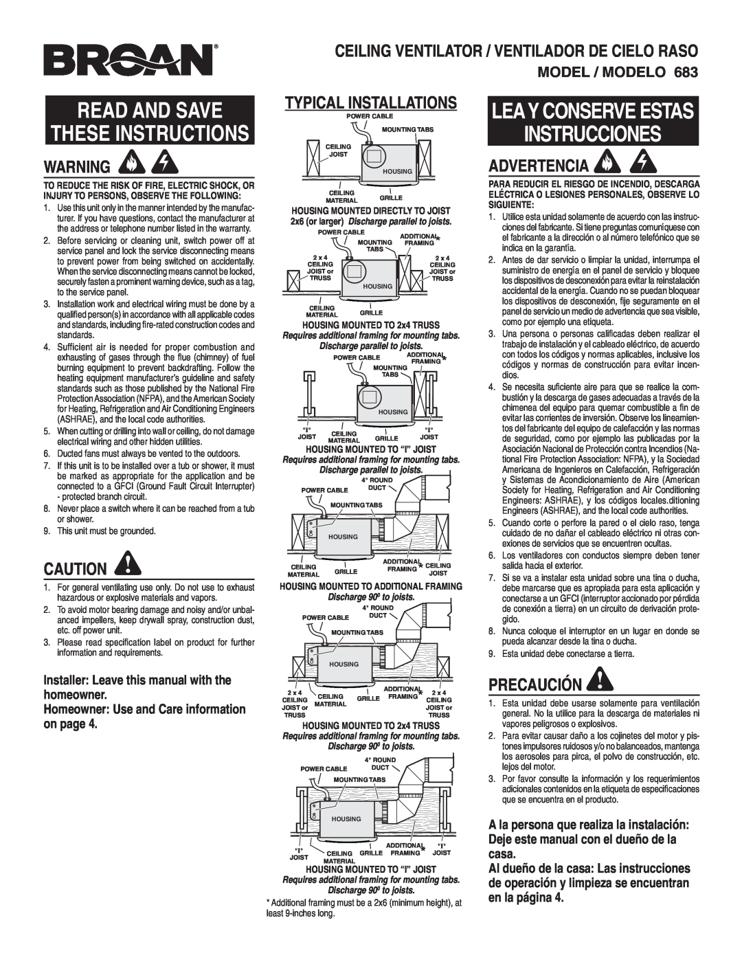 Broan 683 warranty Advertencia, Precaución, Ceiling Ventilator / Ventilador De Cielo Raso, Typical Installations 
